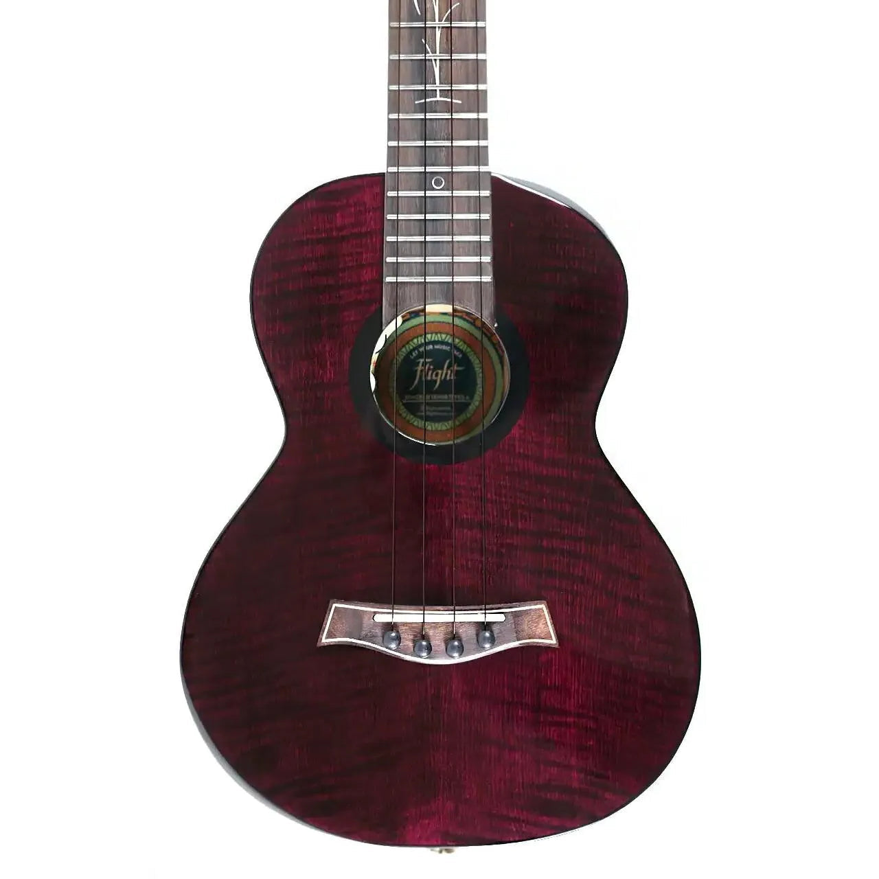 Flight Songbird TPP transparent purple slimline tenor ukulele with flamed maple top.