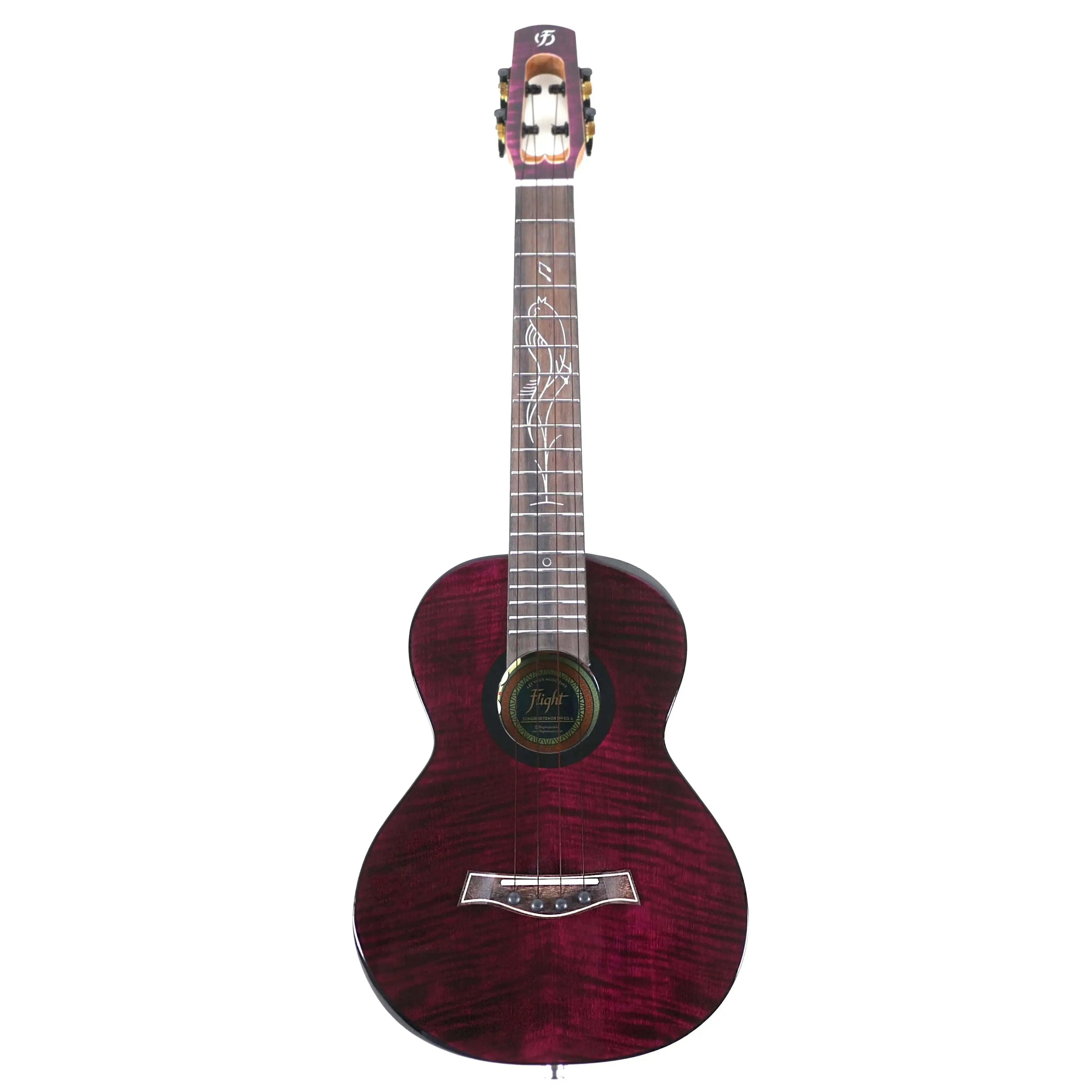 Flight Songbird TPP transparent purple slimline tenor ukulele with flamed maple top and rosewood neck.