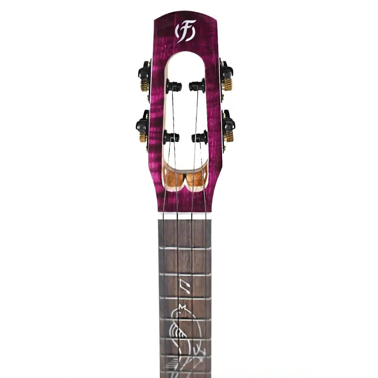 Flight Songbird TPP transparent purple slimline tenor ukulele headstock and fretboard with bird inlay.