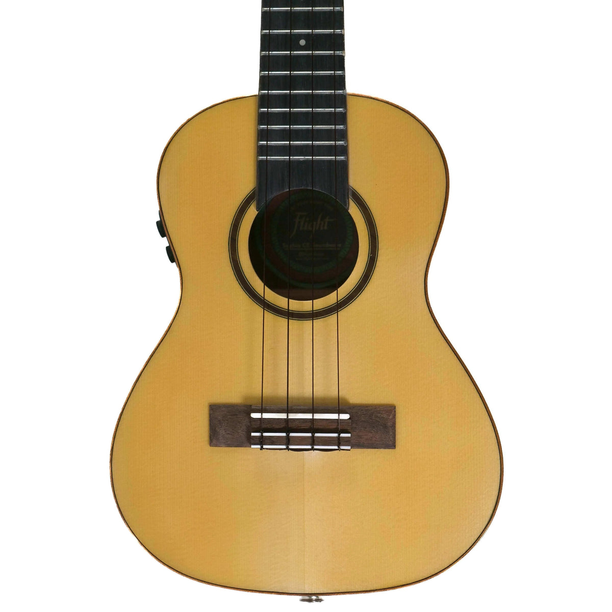 Flight Sophia TE Soundwave Acoustic-Electric Tenor Ukulele with light spruce top, dark soundhole rosette.
