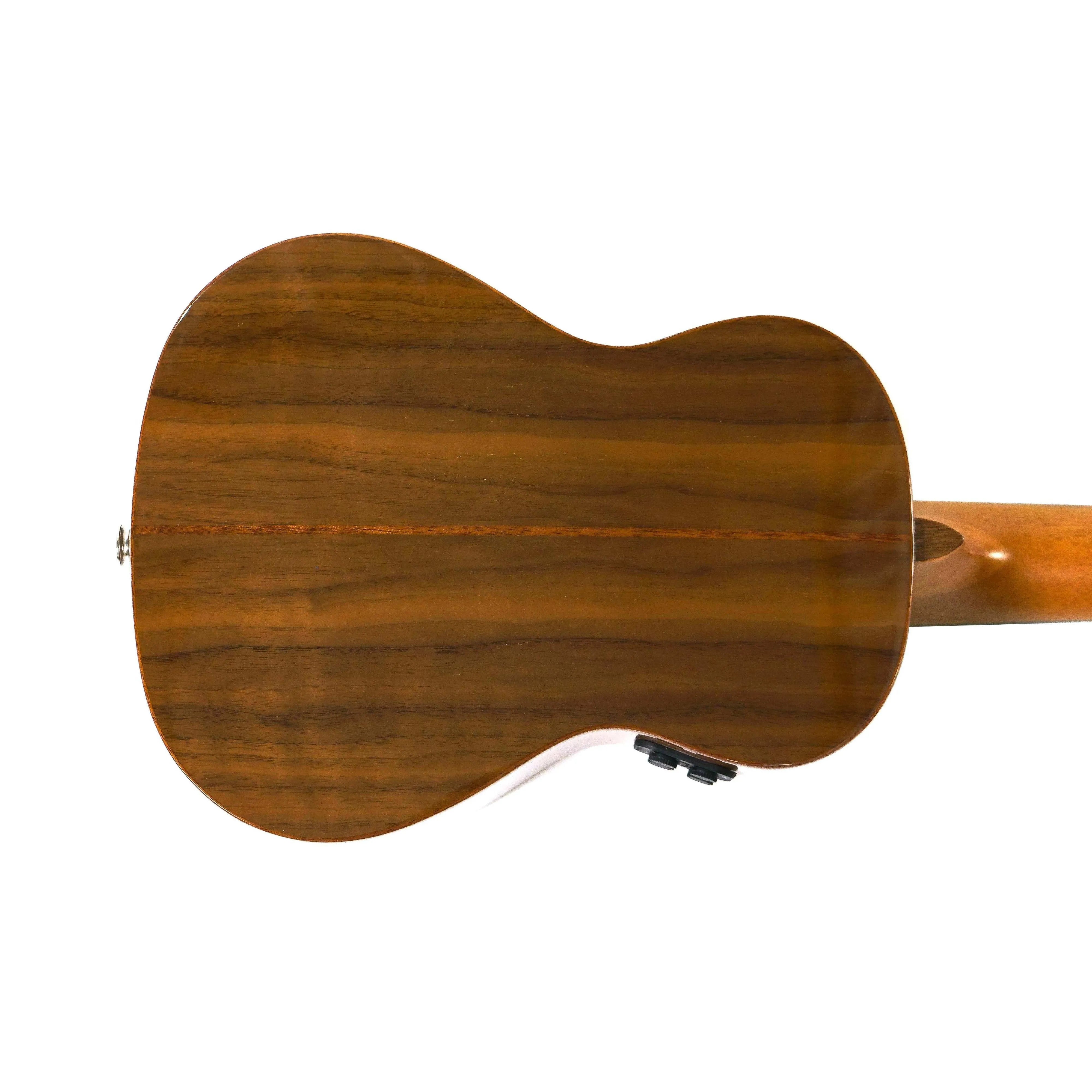 Back of a Flight Sophia TE Soundwave Tenor Ukulele with rich walnut laminate and built-in pickup.
