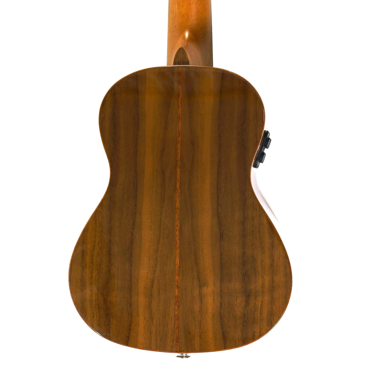 Back of a Flight Sophia TE Soundwave Tenor Ukulele with rich walnut laminate and built-in pickup.