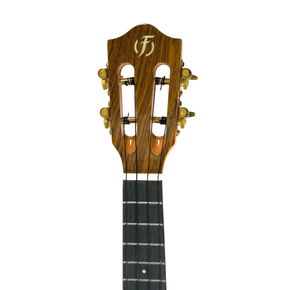 Flight Sophia TE Soundwave Tenor Ukulele headstock with golden tuners, bone nut, and purpleheart fretboard.