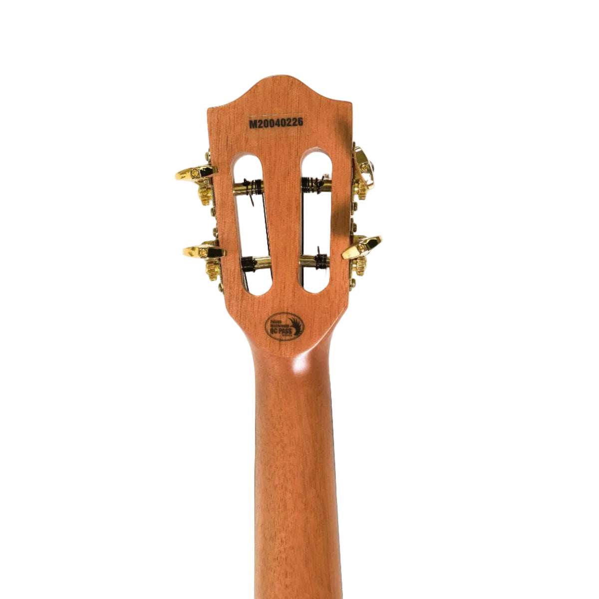 Flight Sophia TE Soundwave Tenor Ukulele headstock with golden tuners and serial number M20040226.