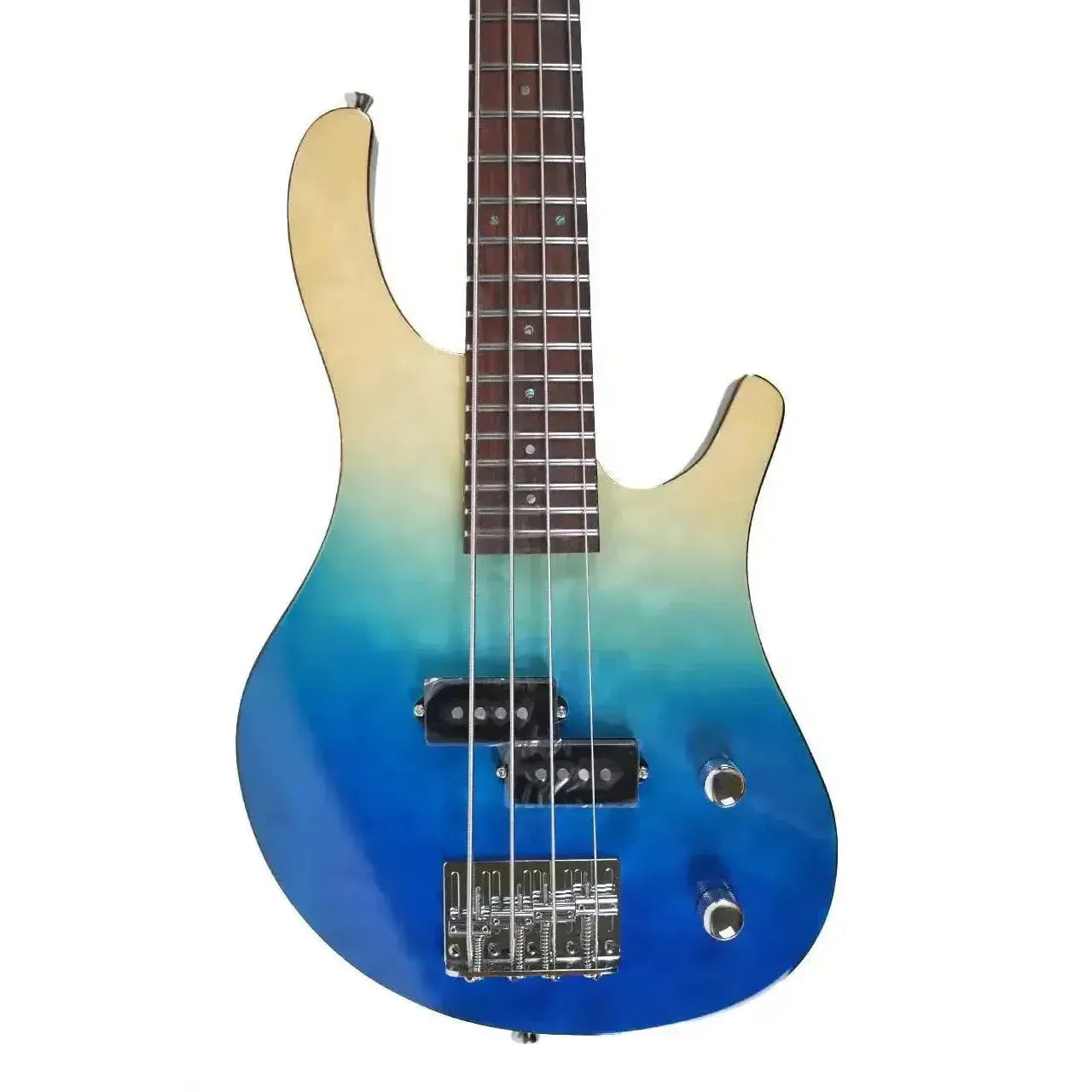 Flight TBL Transparent Blue Solid Body Mini Bass with quilted maple top, chrome hardware, and rosewood fretboard.