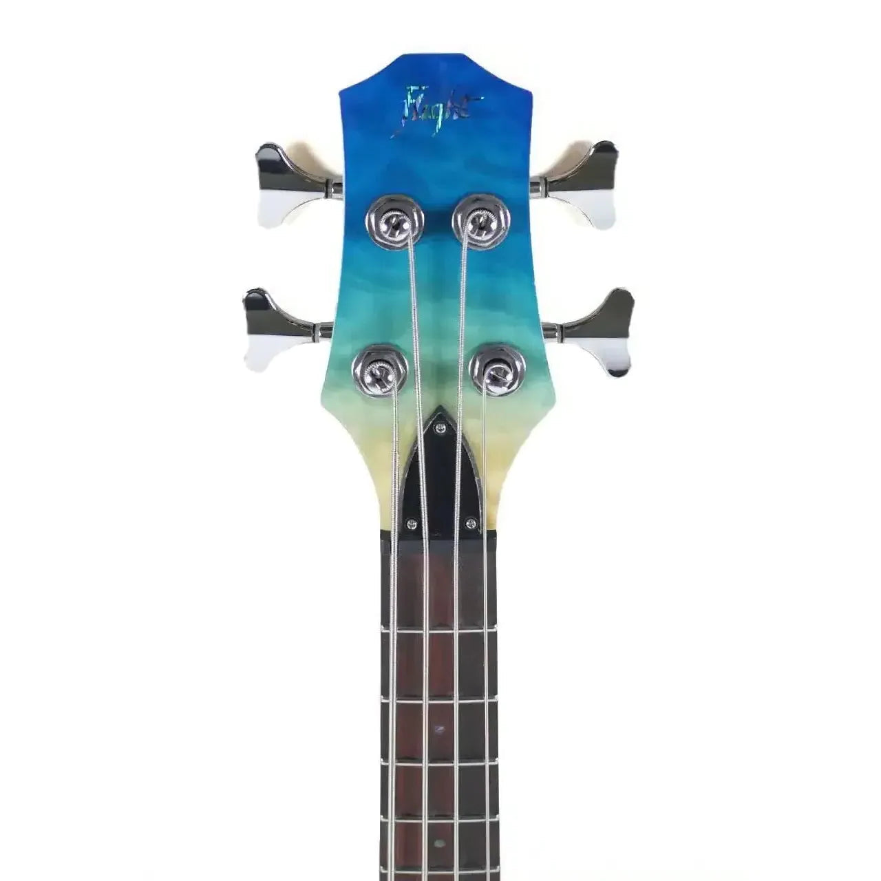 Flight TBL Transparent Blue Mini Bass headstock with chrome tuners and rosewood fretboard.