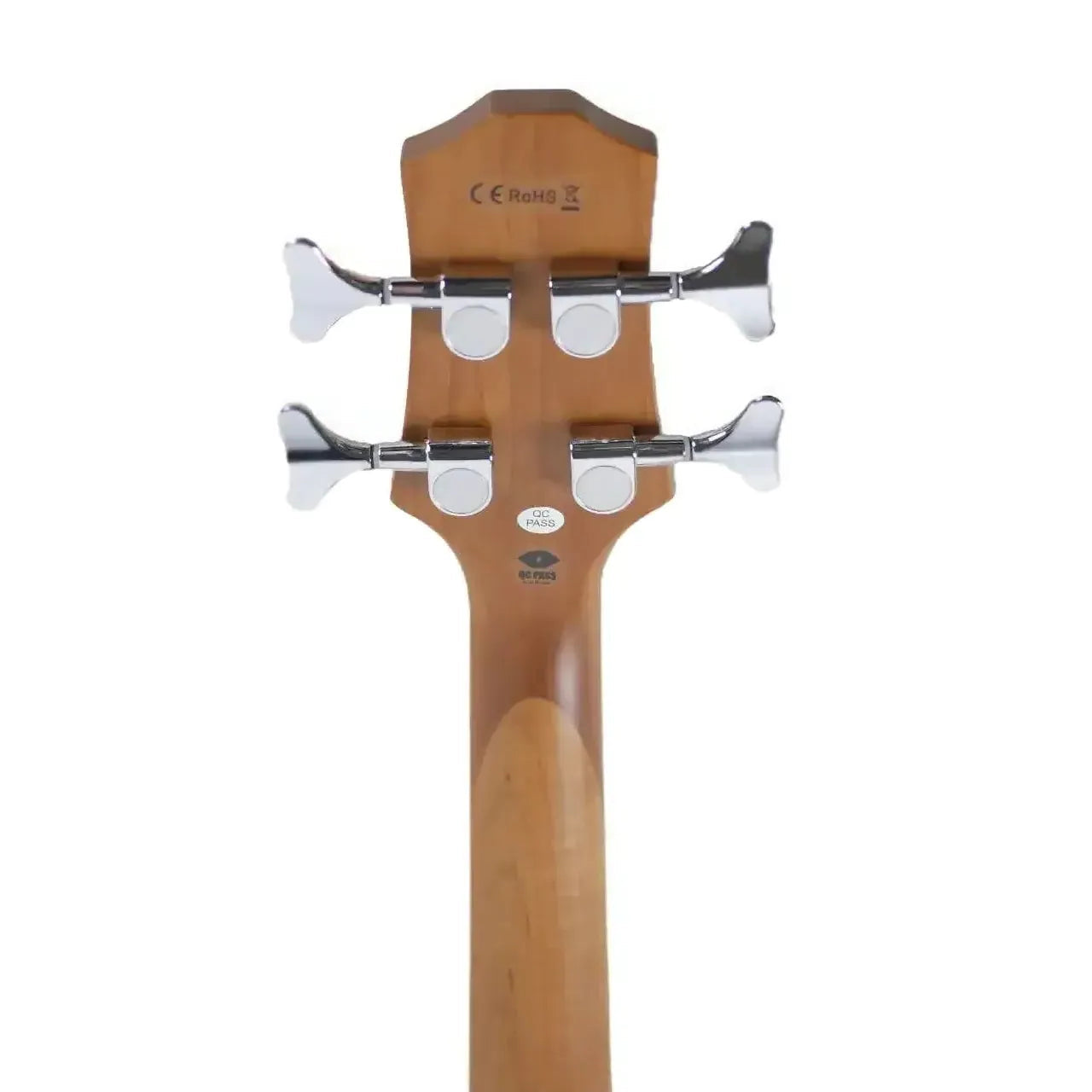 Back of a Flight TBL Transparent Blue Mini Bass headstock with four chrome closed geared tuners and a light wood neck.