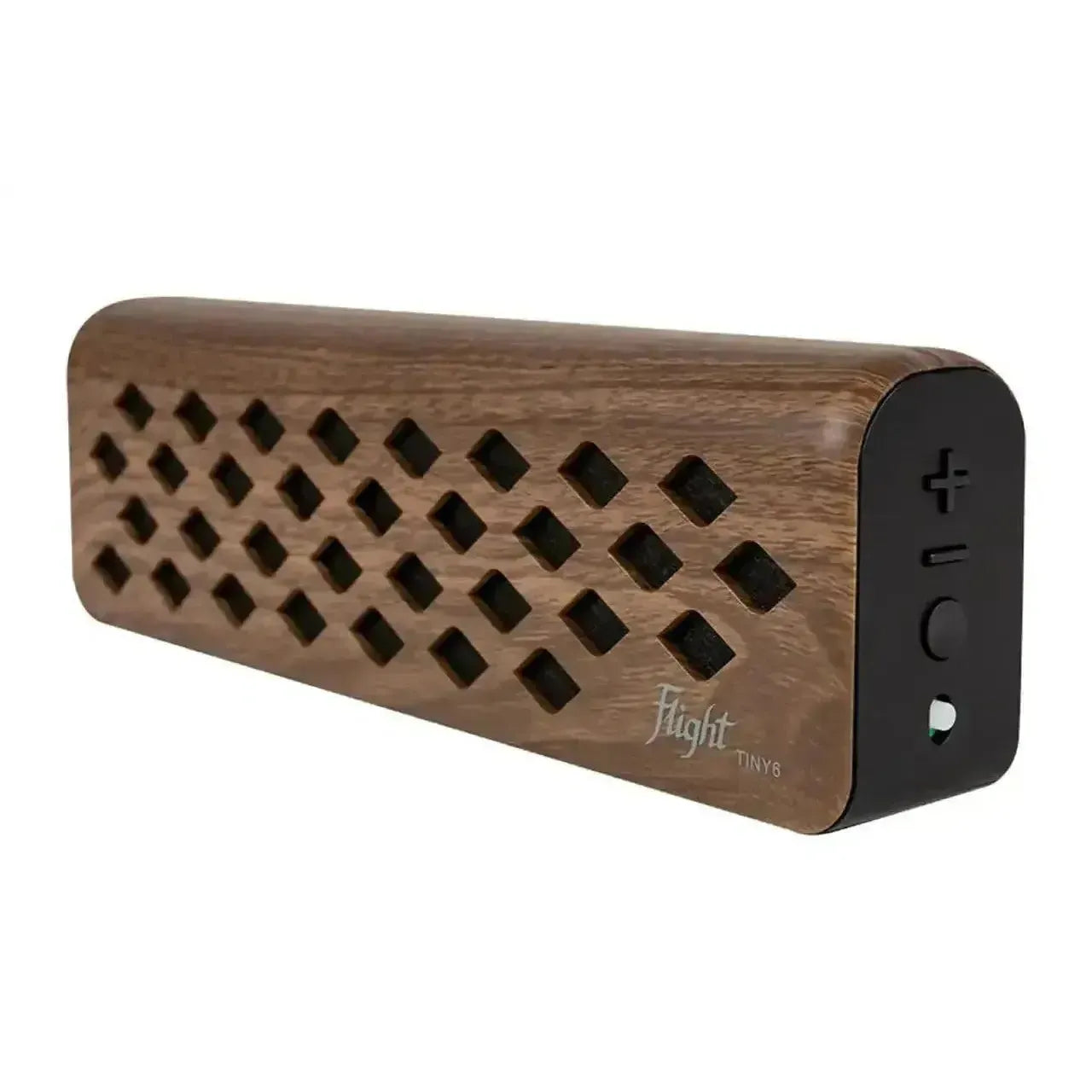 Flight TINY6 portable walnut mini amplifier with diamond-patterned speaker grille and black control panel.
