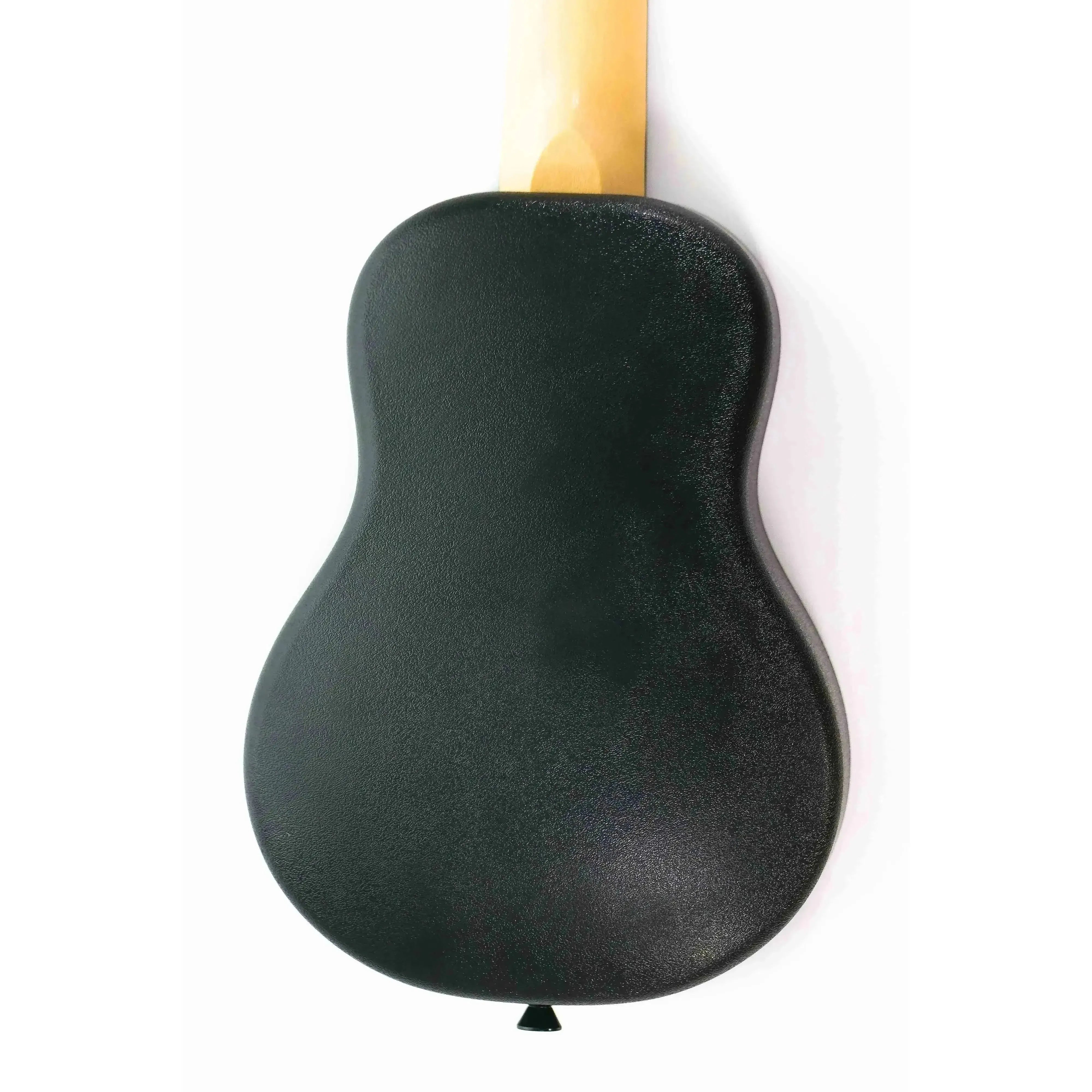Back of a black Flight TUS32 Sakura soprano ukulele with textured ABS material and light wood neck.