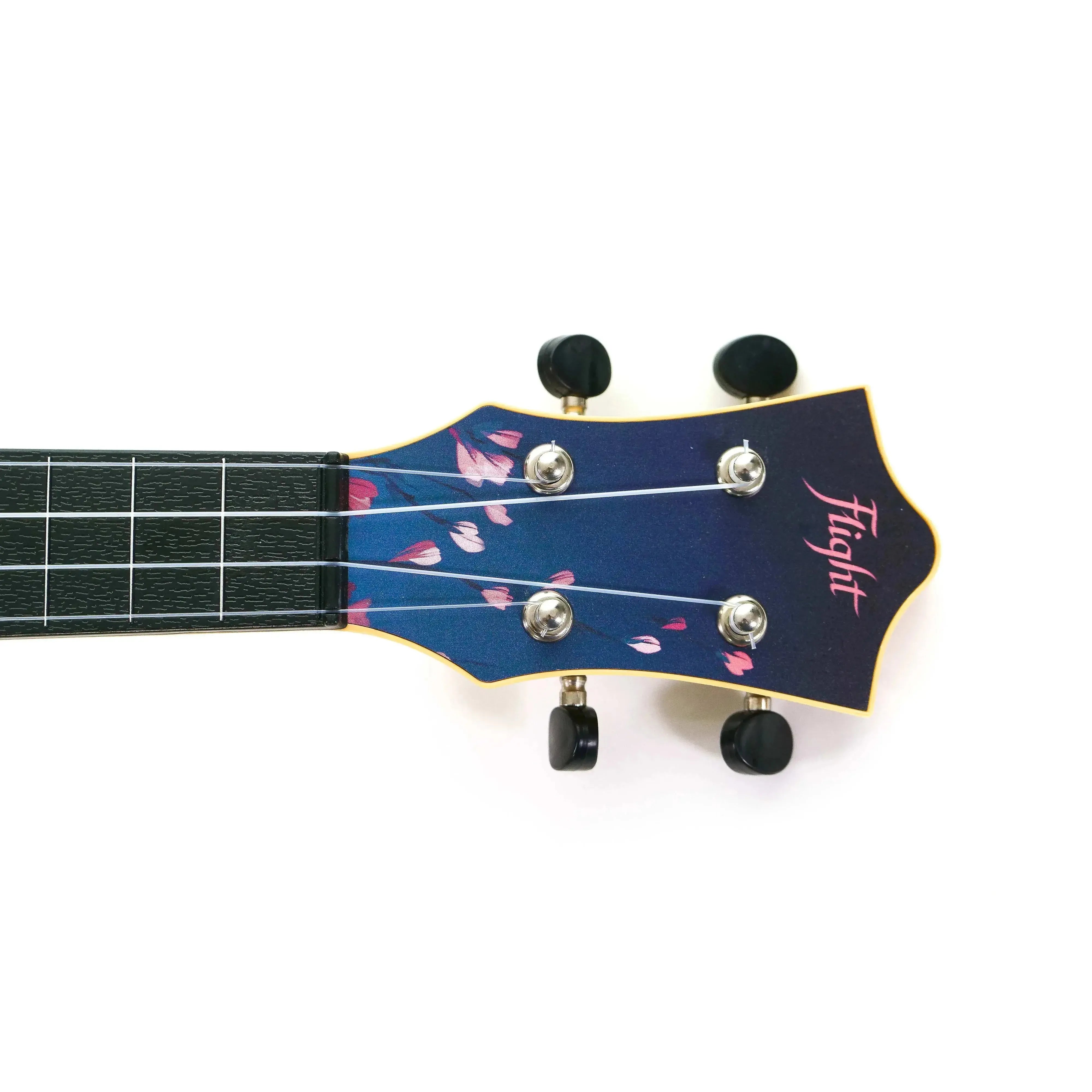 Flight TUS32 Sakura Soprano Ukulele headstock with dark blue cherry blossom print and black tuners.