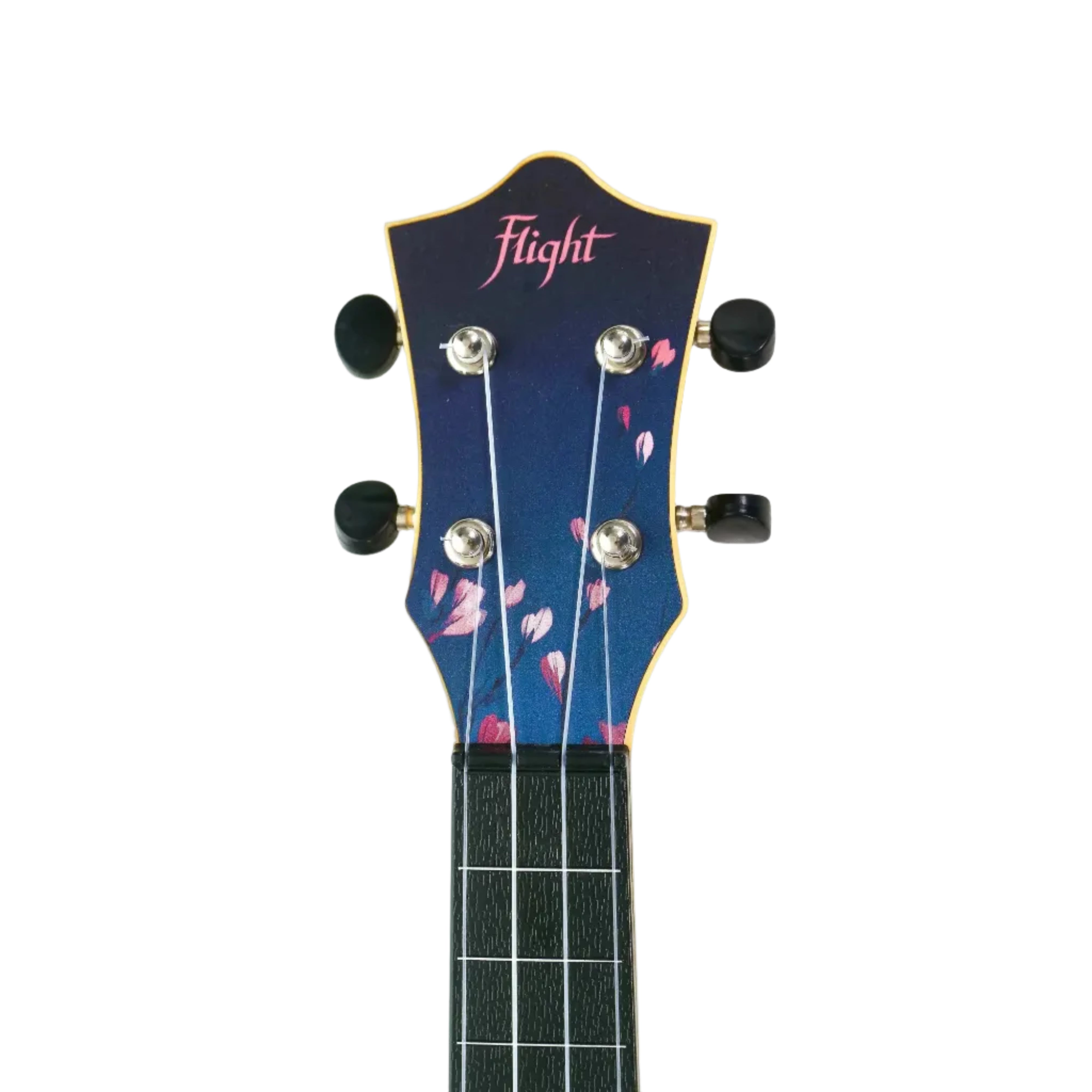 Flight TUS32 Sakura Soprano Ukulele headstock with dark blue cherry blossom print and black tuners.