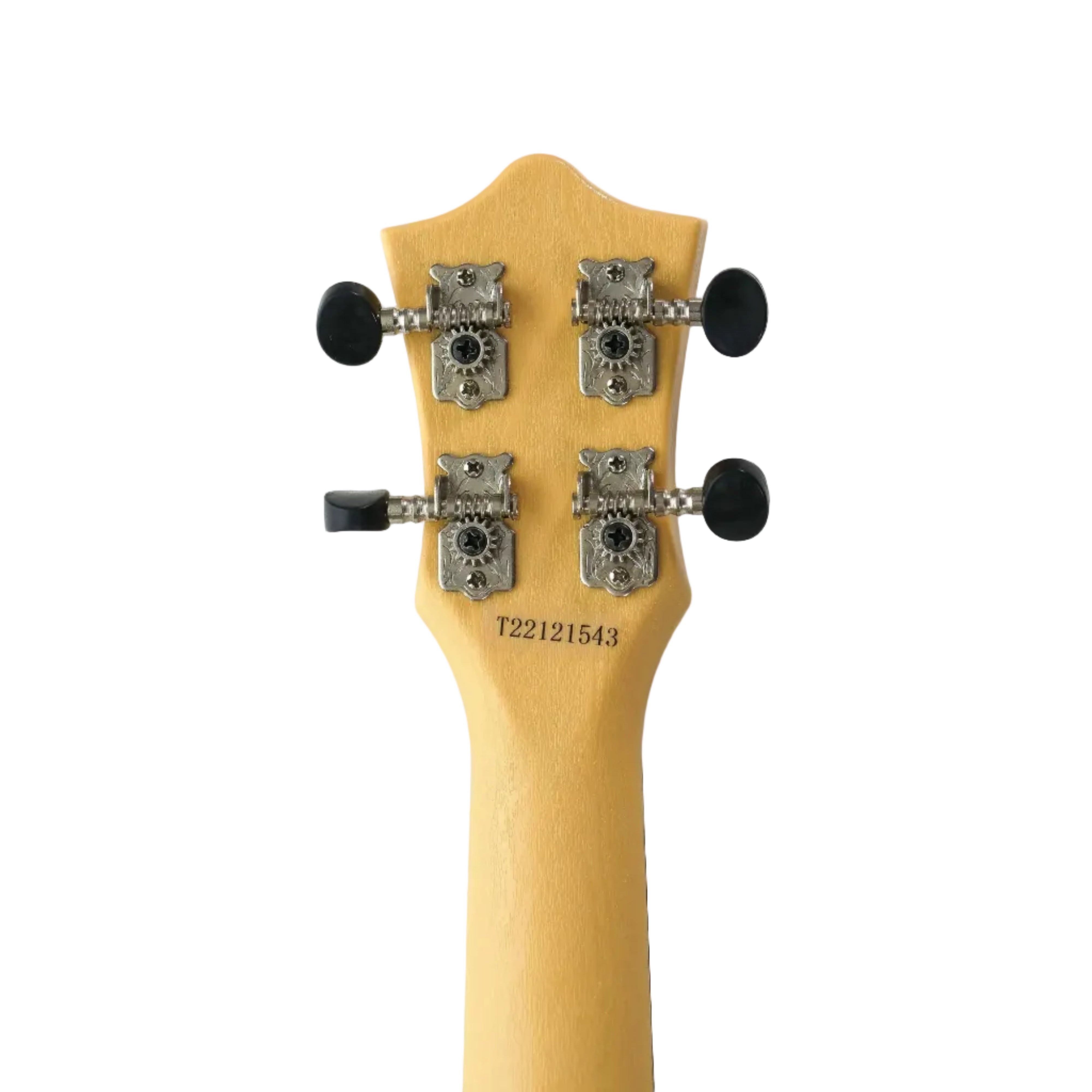 Back of Flight TUS32 Sakura soprano ukulele headstock with four silver tuners and light wood neck.