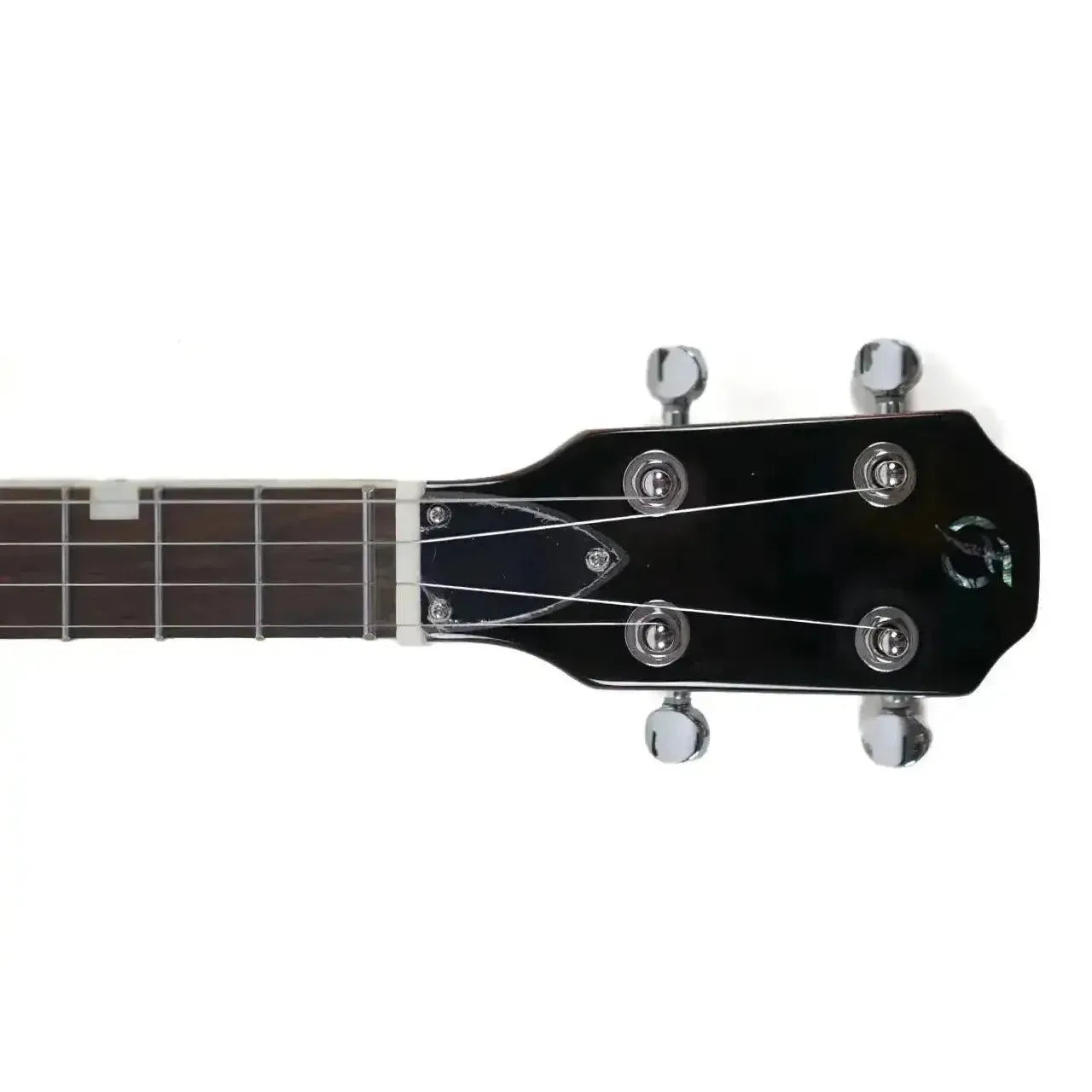Flight Vanguard TBK electric tenor ukulele headstock with chrome tuners and black finish.
