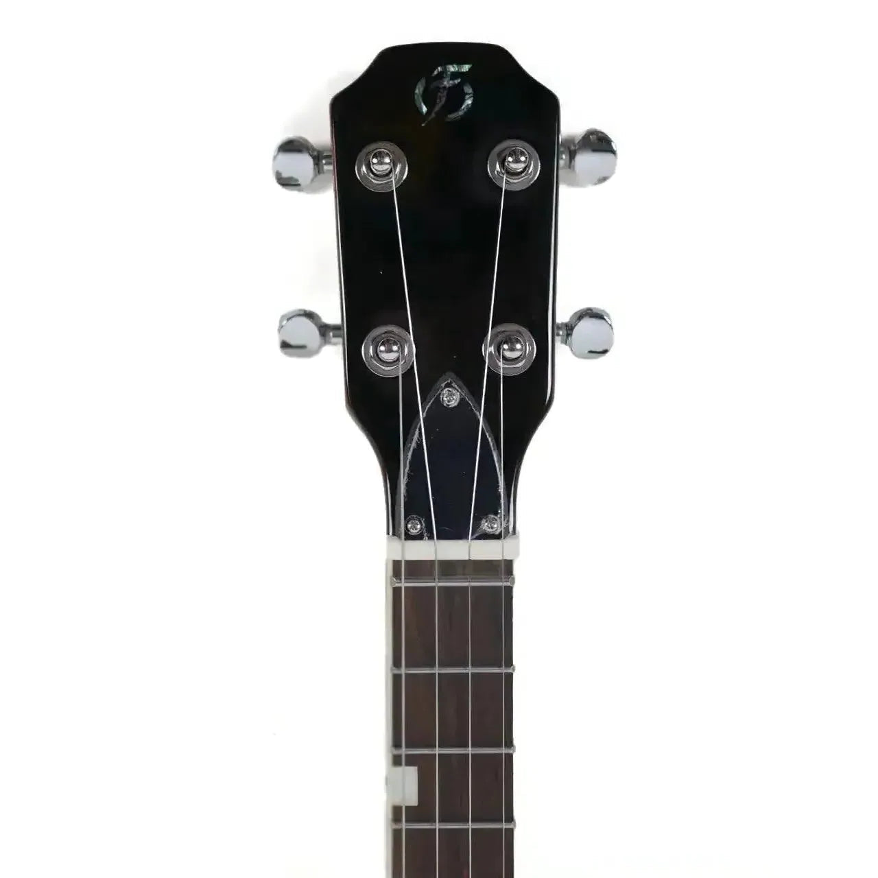 Flight Vanguard TBK electric tenor ukulele headstock with chrome tuners and black finish.