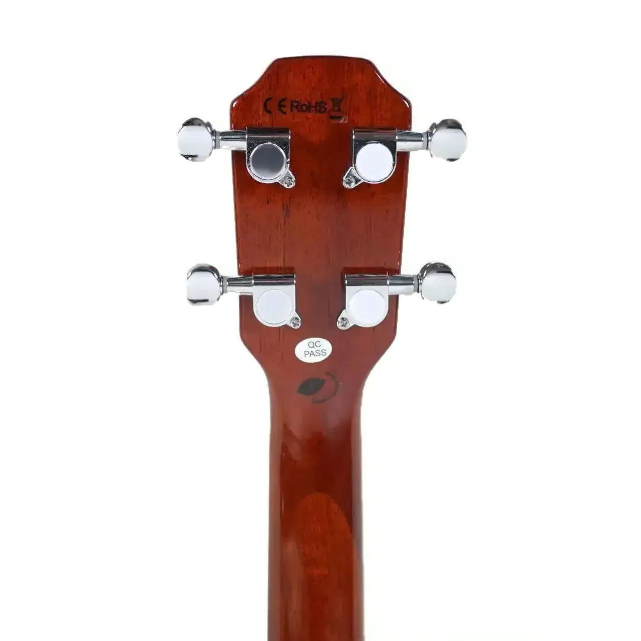 Back of Flight Vanguard TBK electric tenor ukulele headstock with chrome tuners and mahogany neck.