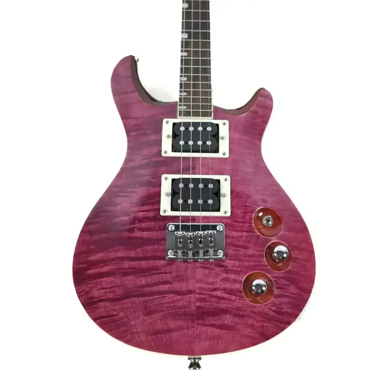 Flight Vanguard TPP transparent purple electric tenor ukulele with flamed maple top, double cutaway body.