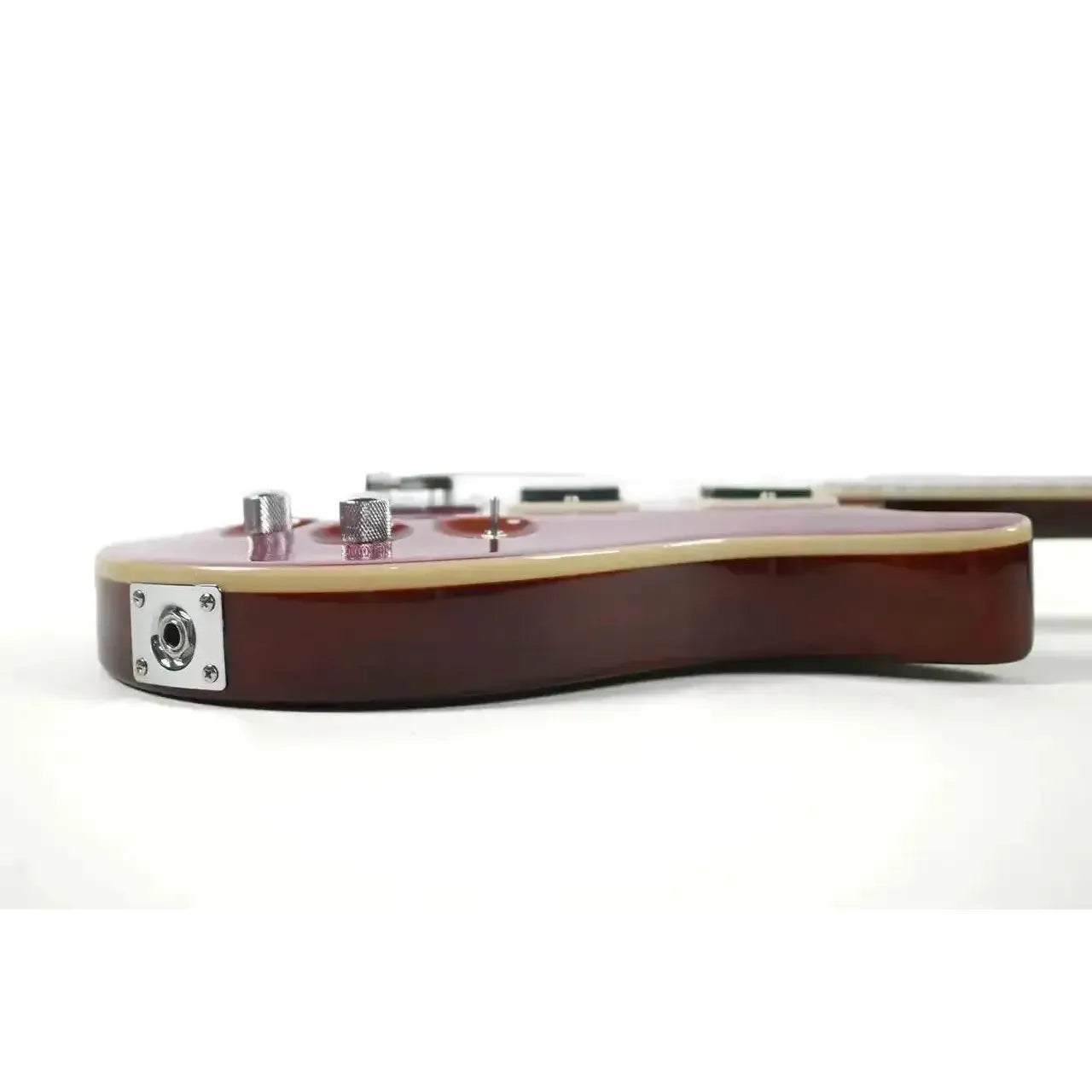 Flight Vanguard TPP transparent purple electric tenor ukulele body with output jack and control knobs.