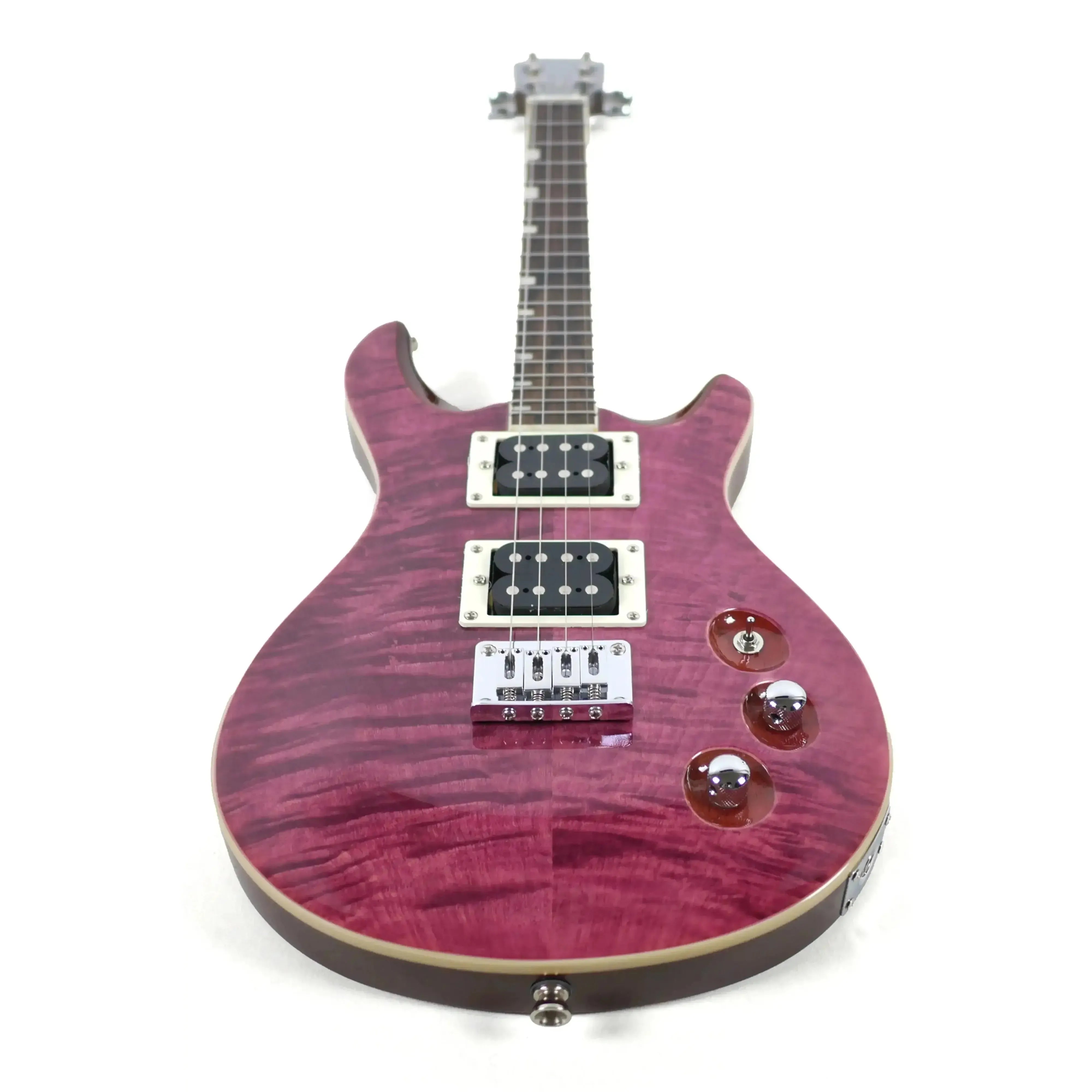 Flight Vanguard TPP transparent purple solid body electric tenor ukulele with flamed maple top.