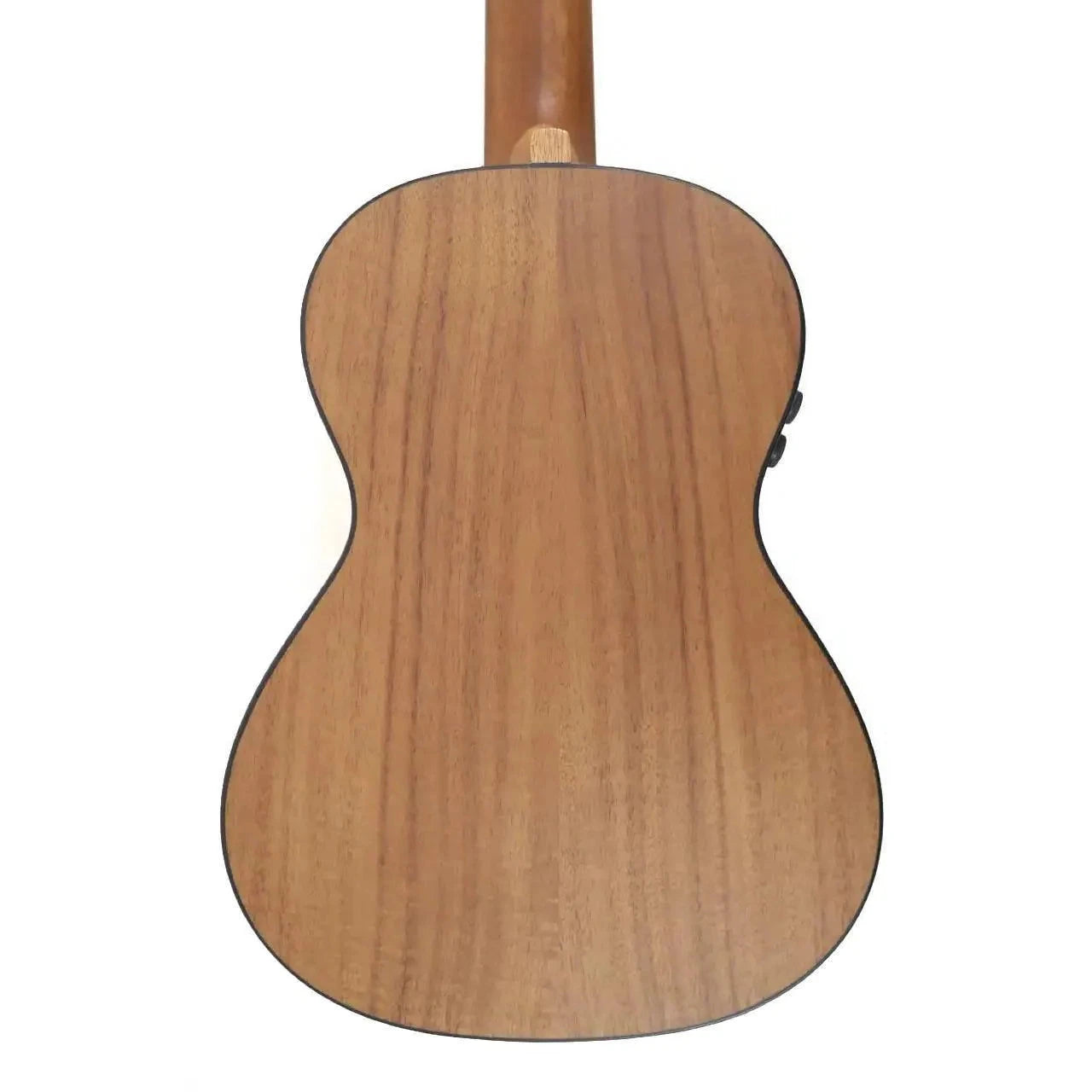 Flight Victoria Soundwave Tenor Ukulele back, light brown acacia wood with black binding and cutaway.