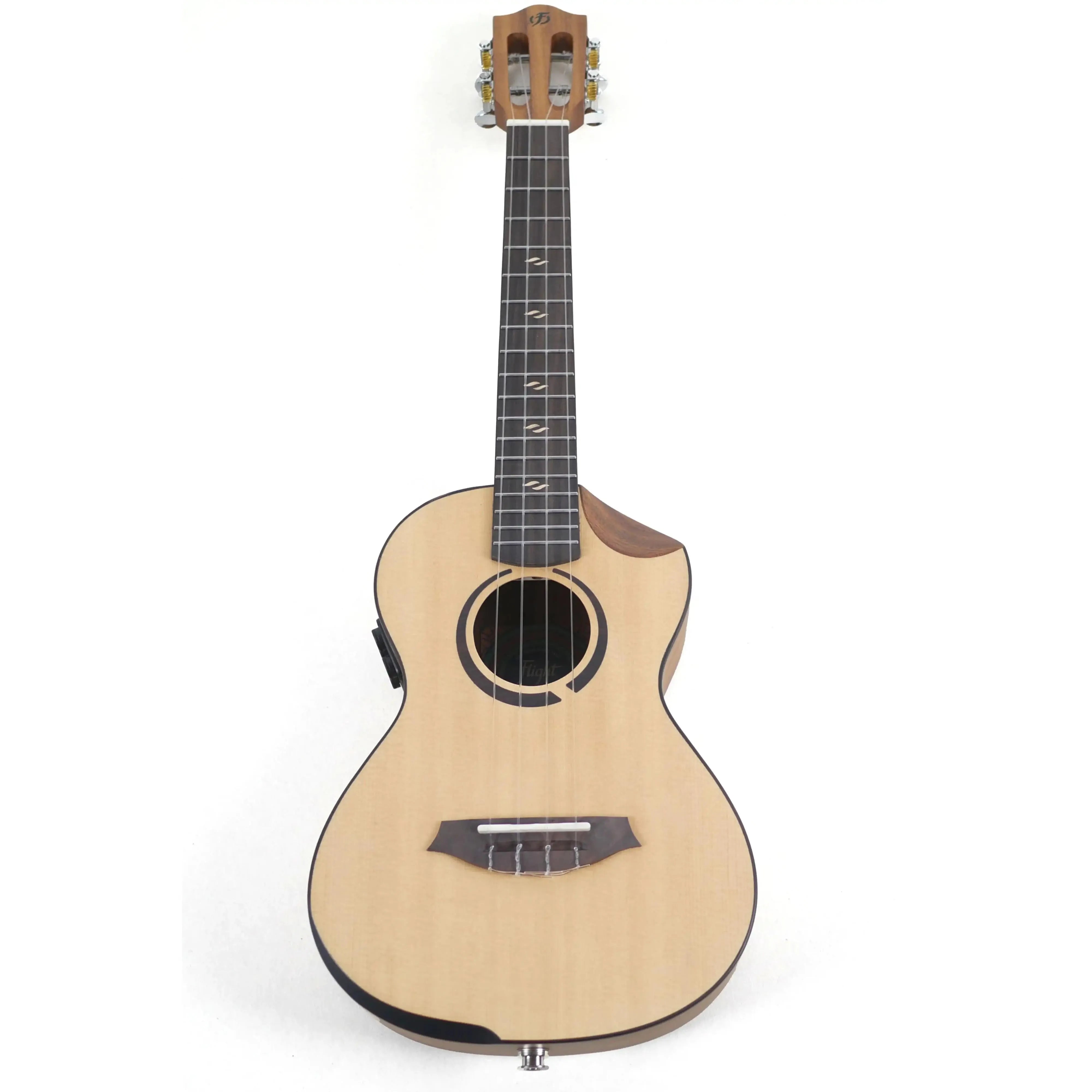 Flight Victoria Soundwave tenor ukulele with light spruce top, dark ebony fretboard, and scalloped cutaway.