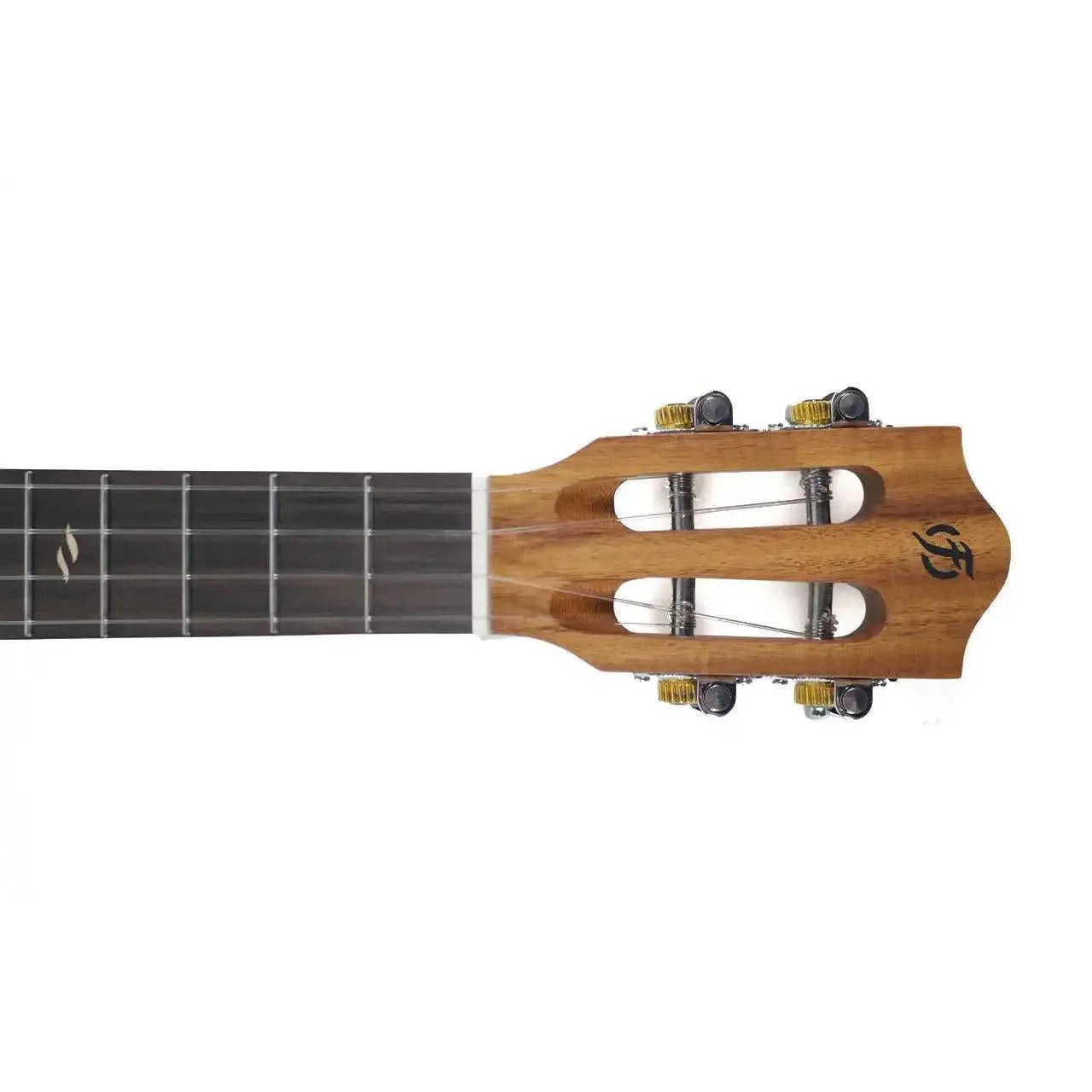 Flight Victoria Soundwave tenor ukulele headstock and fretboard with gold tuners and black logo.