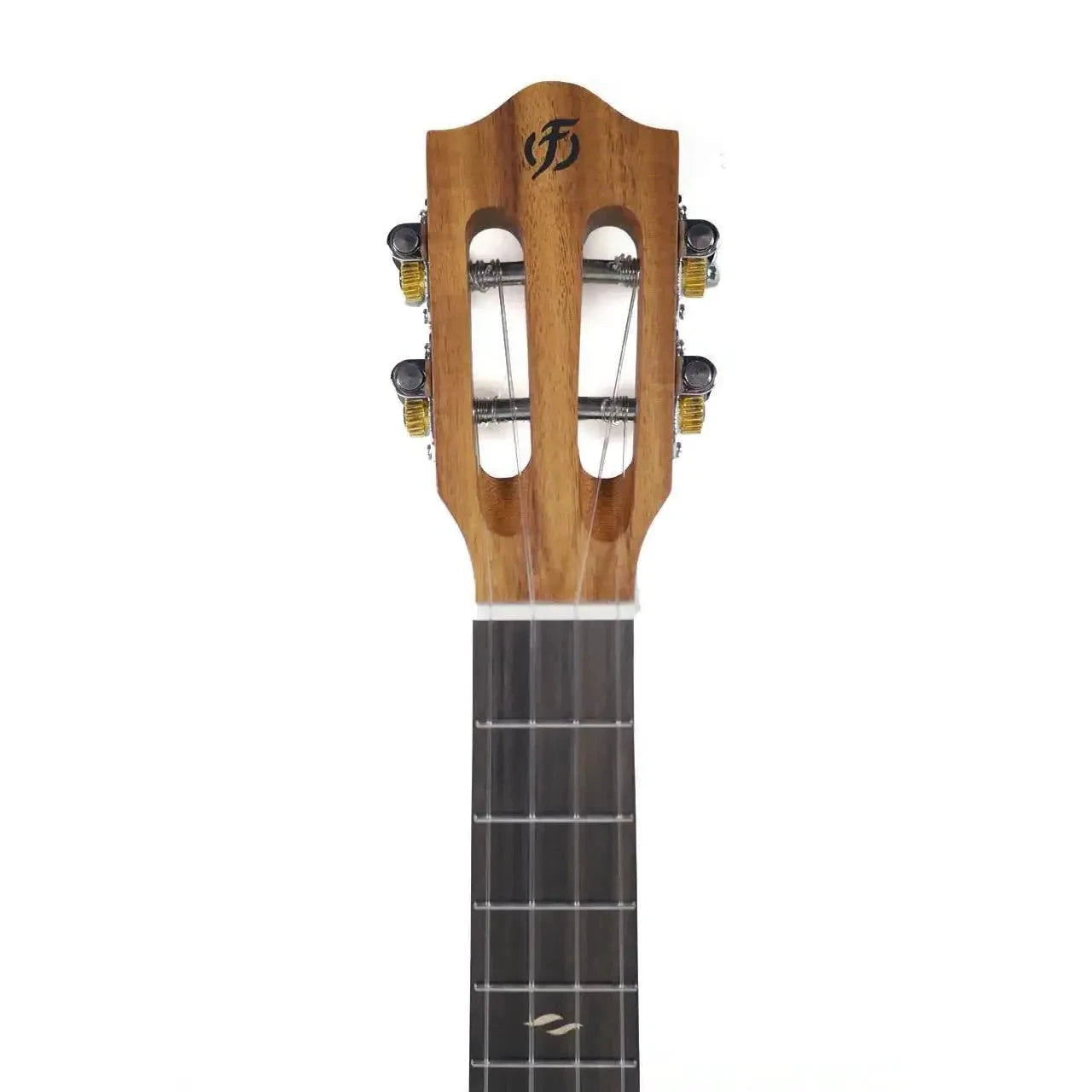 Flight Victoria Soundwave tenor ukulele headstock and fretboard with gold tuners and black logo.