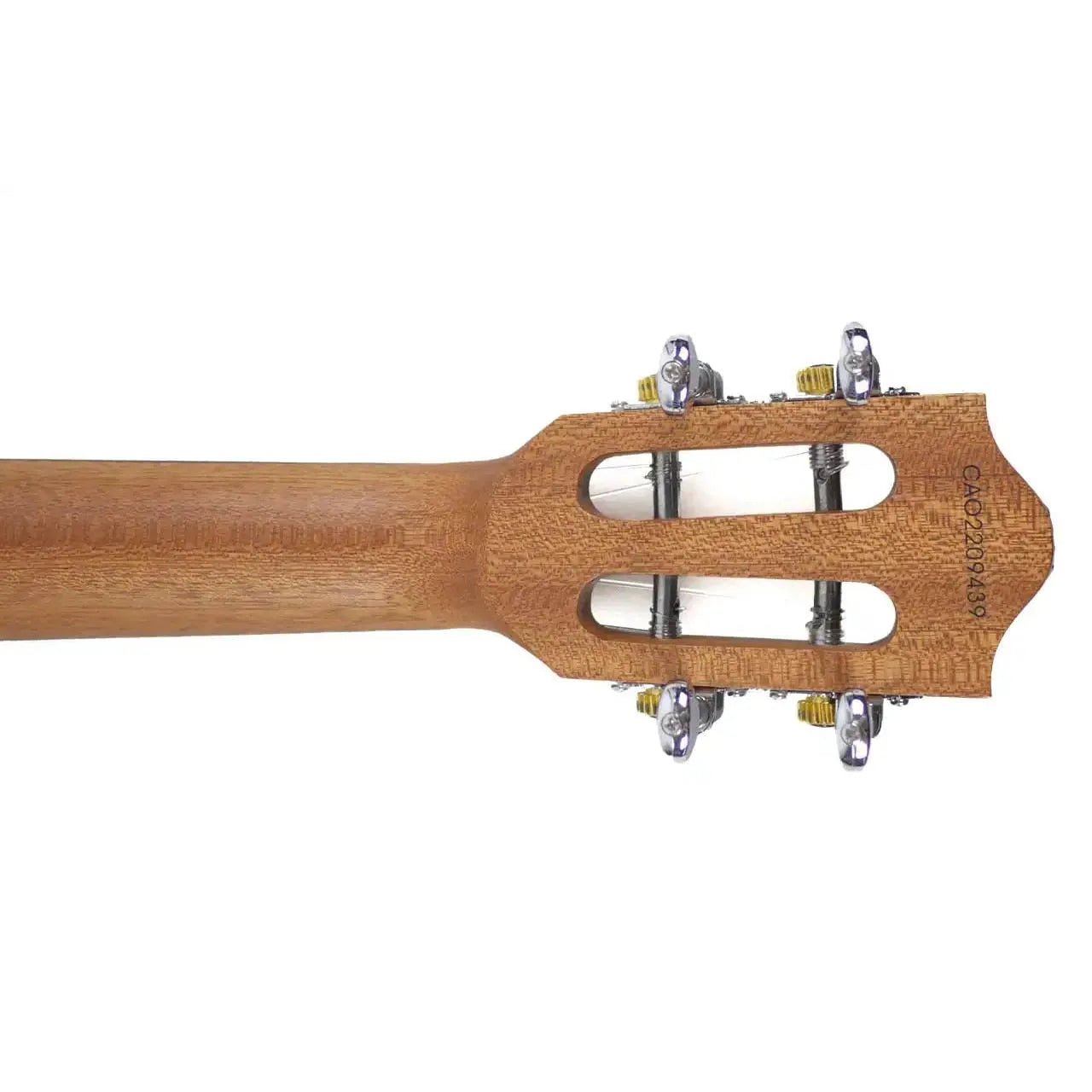 Flight Victoria Soundwave tenor ukulele headstock with open-gear tuners and serial number.