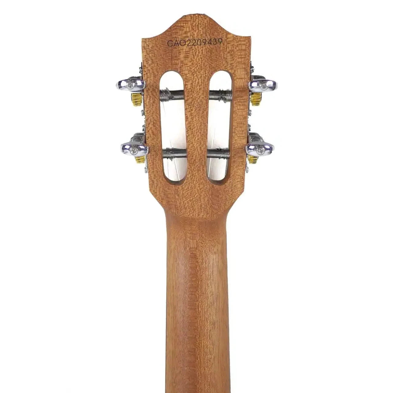 Flight Victoria Soundwave tenor ukulele headstock with open-gear tuners and serial number.