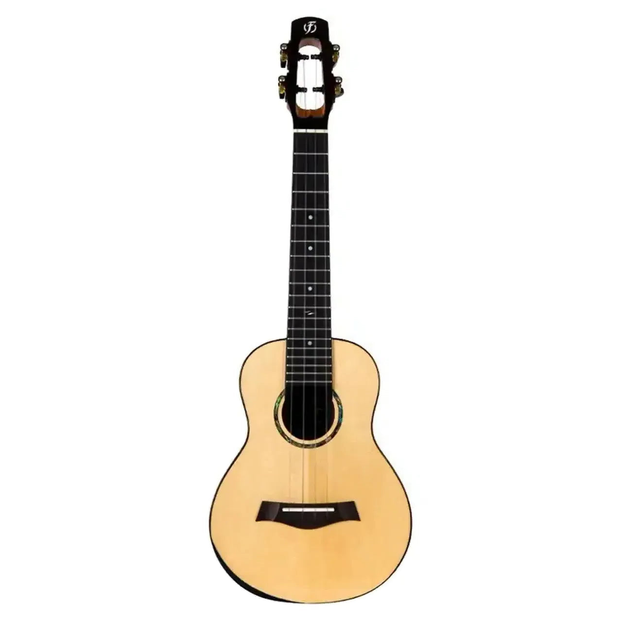 Flight Voyager EQ-A Concert Ukulele with light spruce top, dark fretboard, and unique headstock.