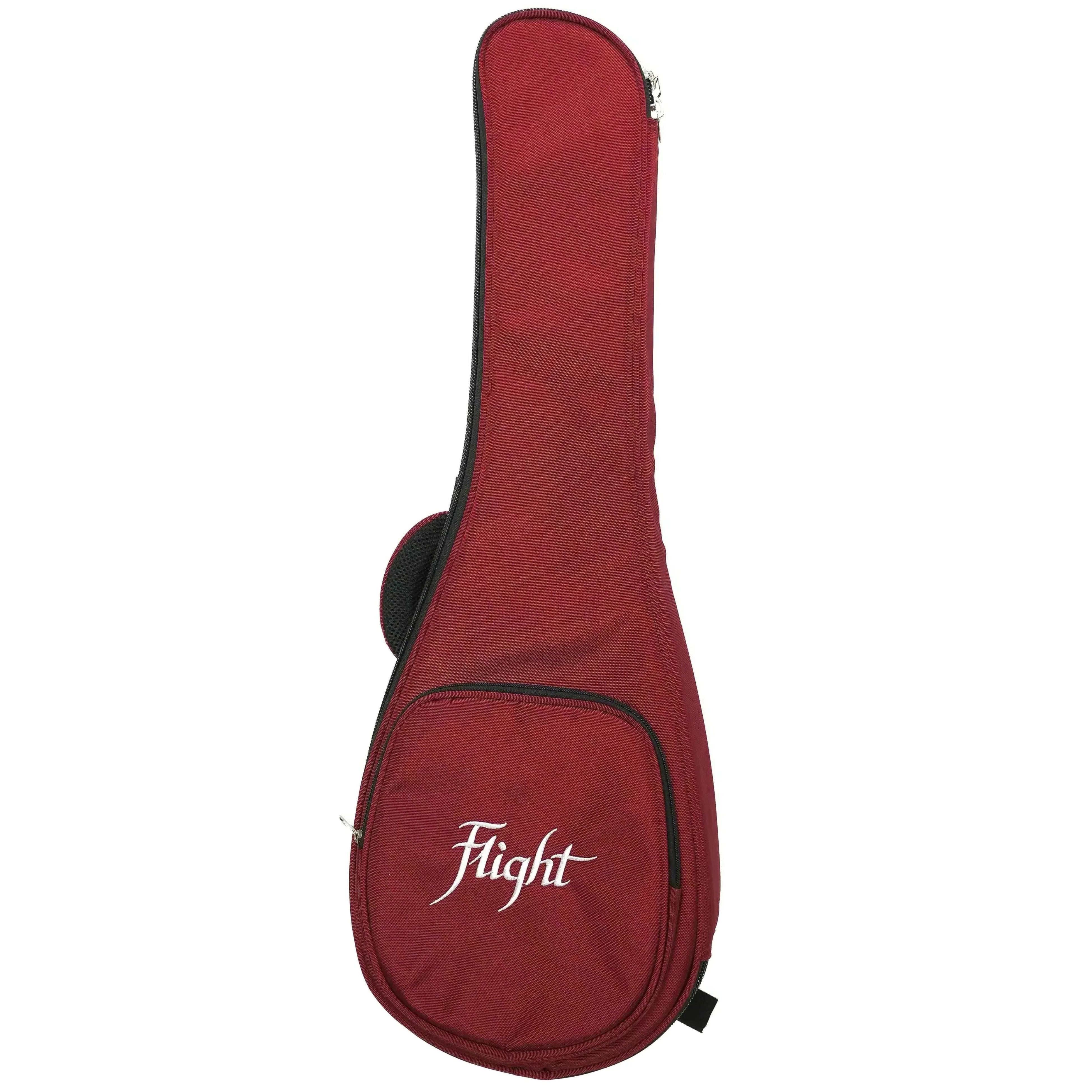 Flight red ukulele gig bag with white "Flight" logo and black zipper.