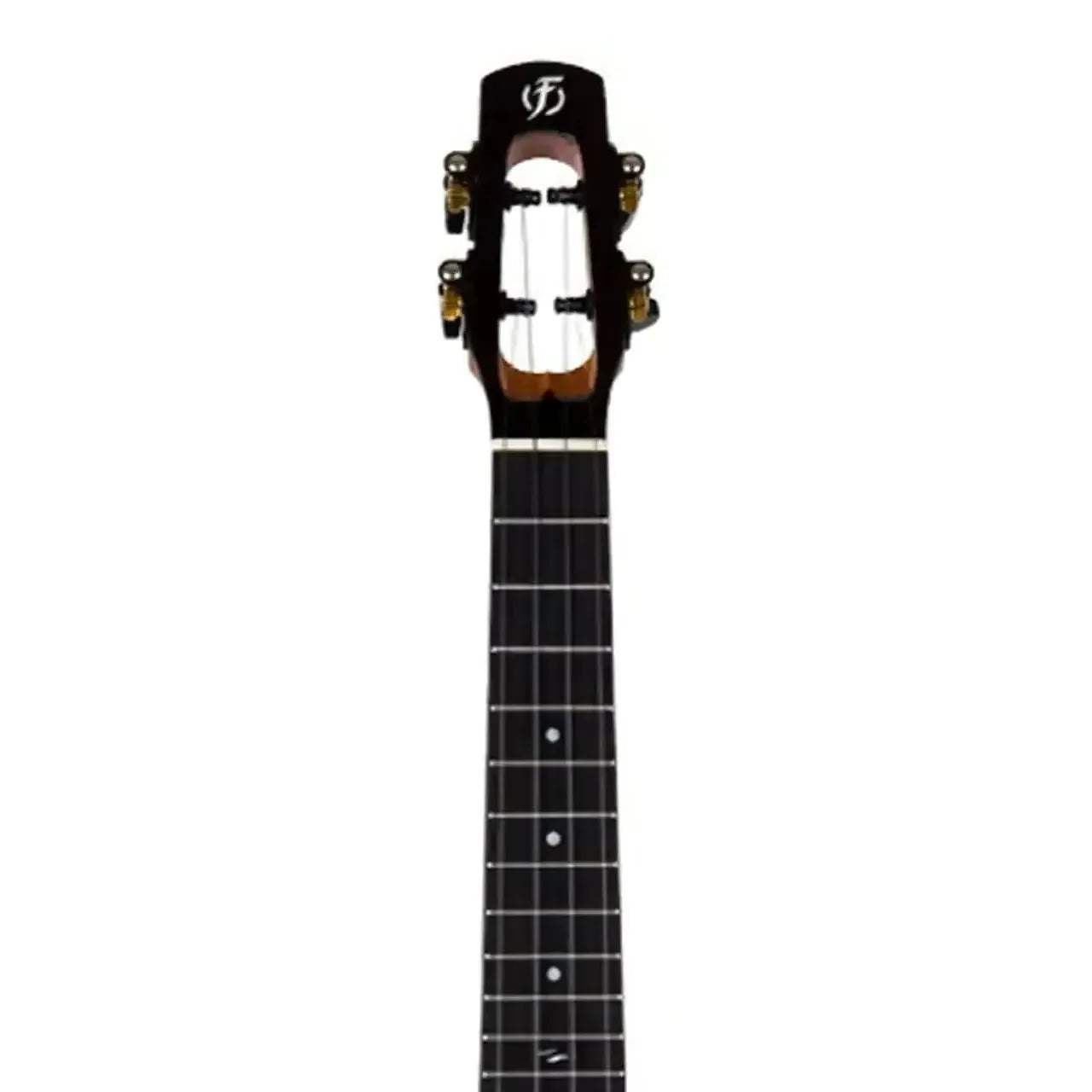 Flight Voyager EQ-A Concert Ukulele headstock and fretboard, dark wood with gold tuners and white strings.