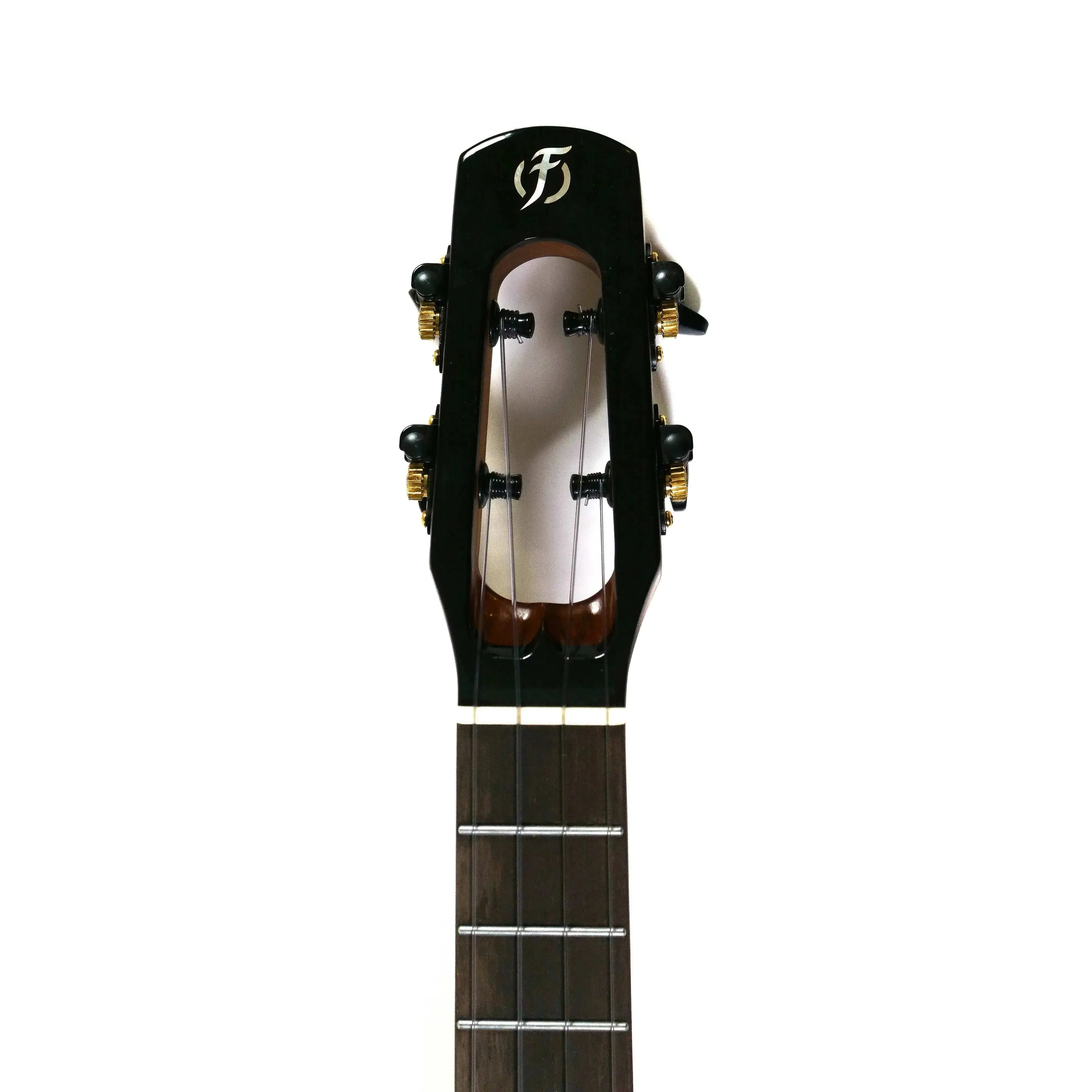 Flight Voyager EQ-A Tenor Ukulele headstock with black finish, gold tuners, and unique logo.