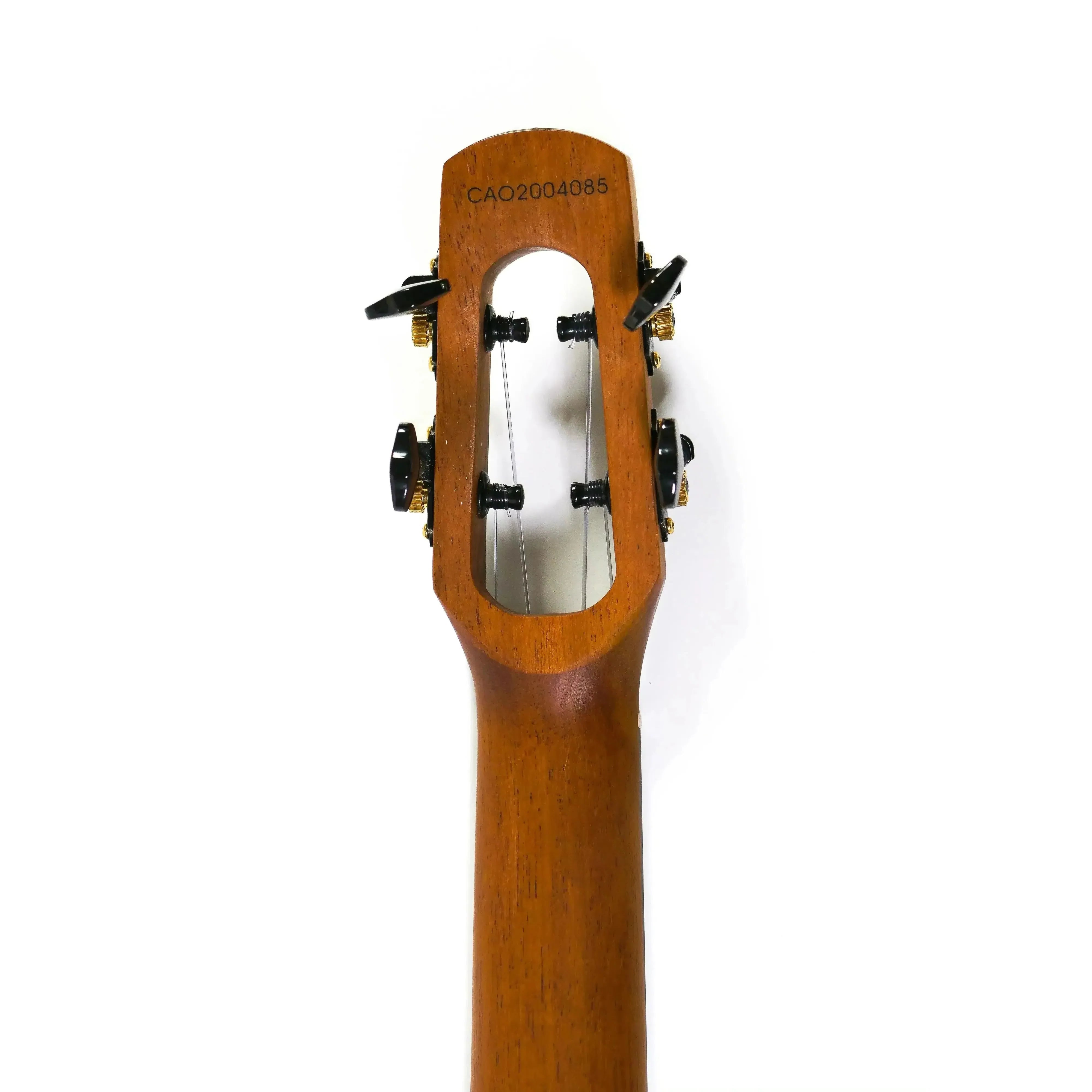 Flight Voyager EQ-A Tenor Ukulele headstock with open gear tuners and unique design.