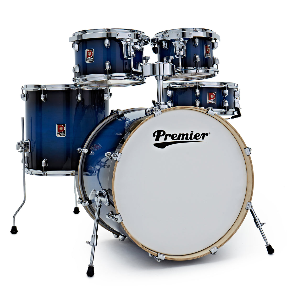 Premier Artist 22" five-piece shell pack in Indigo Burst (10/12/16/22): front view of the five-piece kit with the 16 inch floor tom beside the bass drum