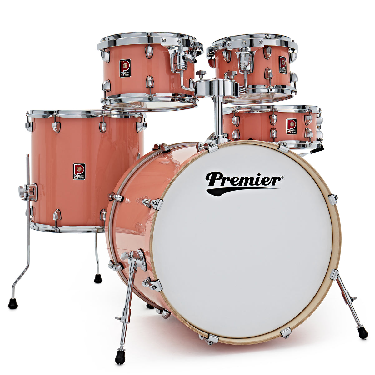 Premier Artist 22" five-piece shell pack in Coral (10/12/16/22): front view of the five-piece kit set up with the white-coated bass drum head