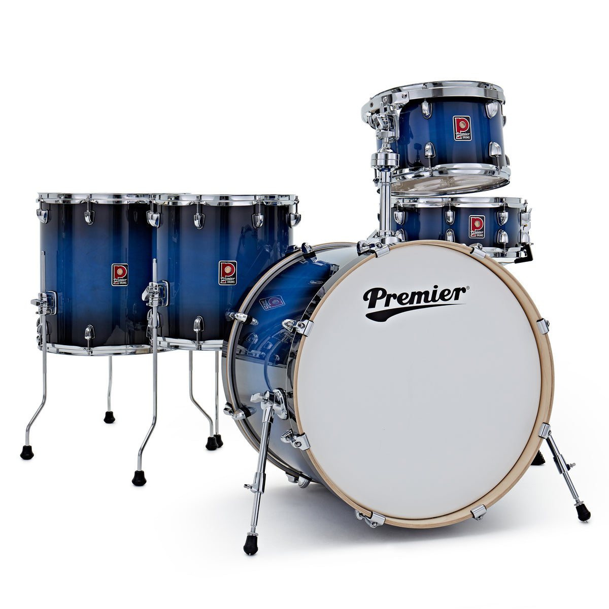 Premier Artist 22" five-piece shell pack in Indigo Burst (12/14/16/22): front view of the five-piece kit with two floor toms standing beside the bass drum