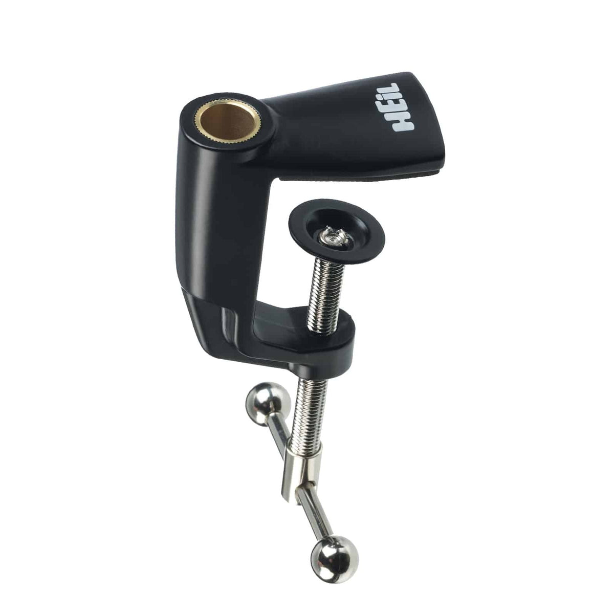 Heil Sound black C-clamp with brass-lined sleeve and clamp screw, angled view
