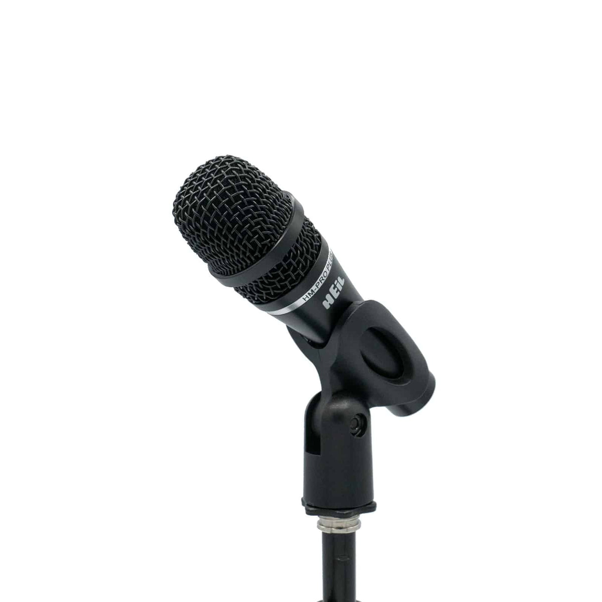 Heil Sound Handi Mic Pro Plus in its mic clip on a stand, angled view