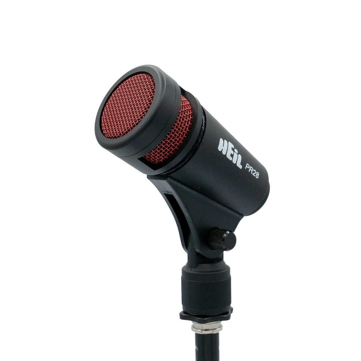 Heil Sound PR 28 drum microphone with red grille on its built-in mount, angled view