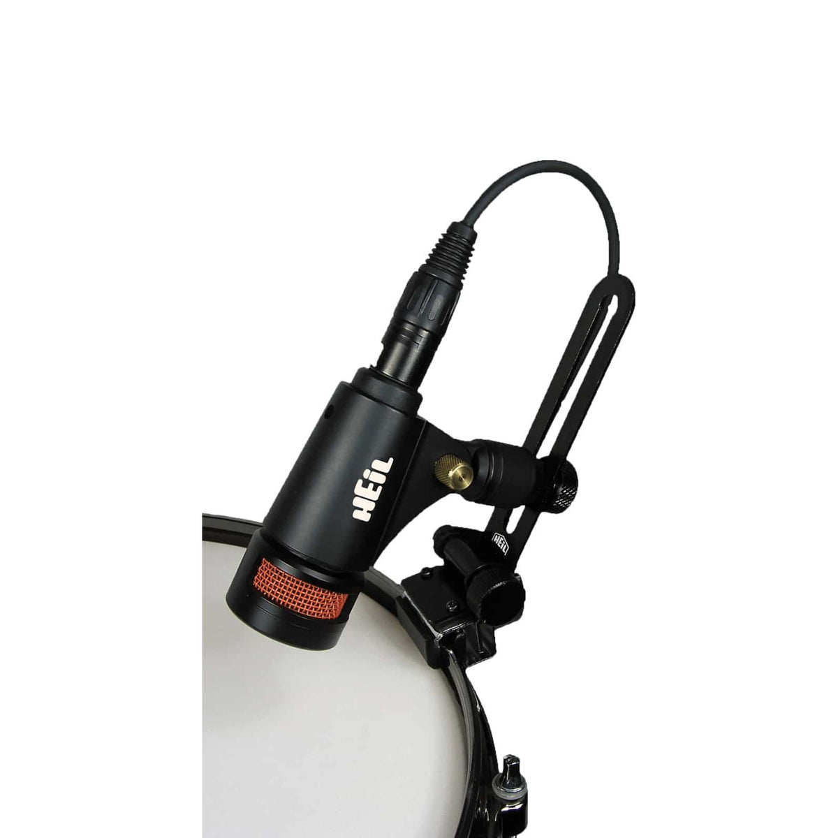 Heil Sound PR 28 clamped to a drum rim with the Heil Sound HH-1 mount