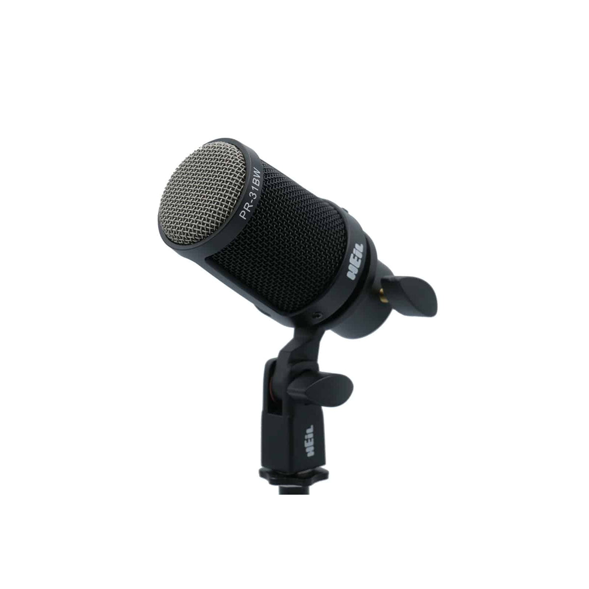 Heil Sound PR 31 BW in a mic clip, angled view