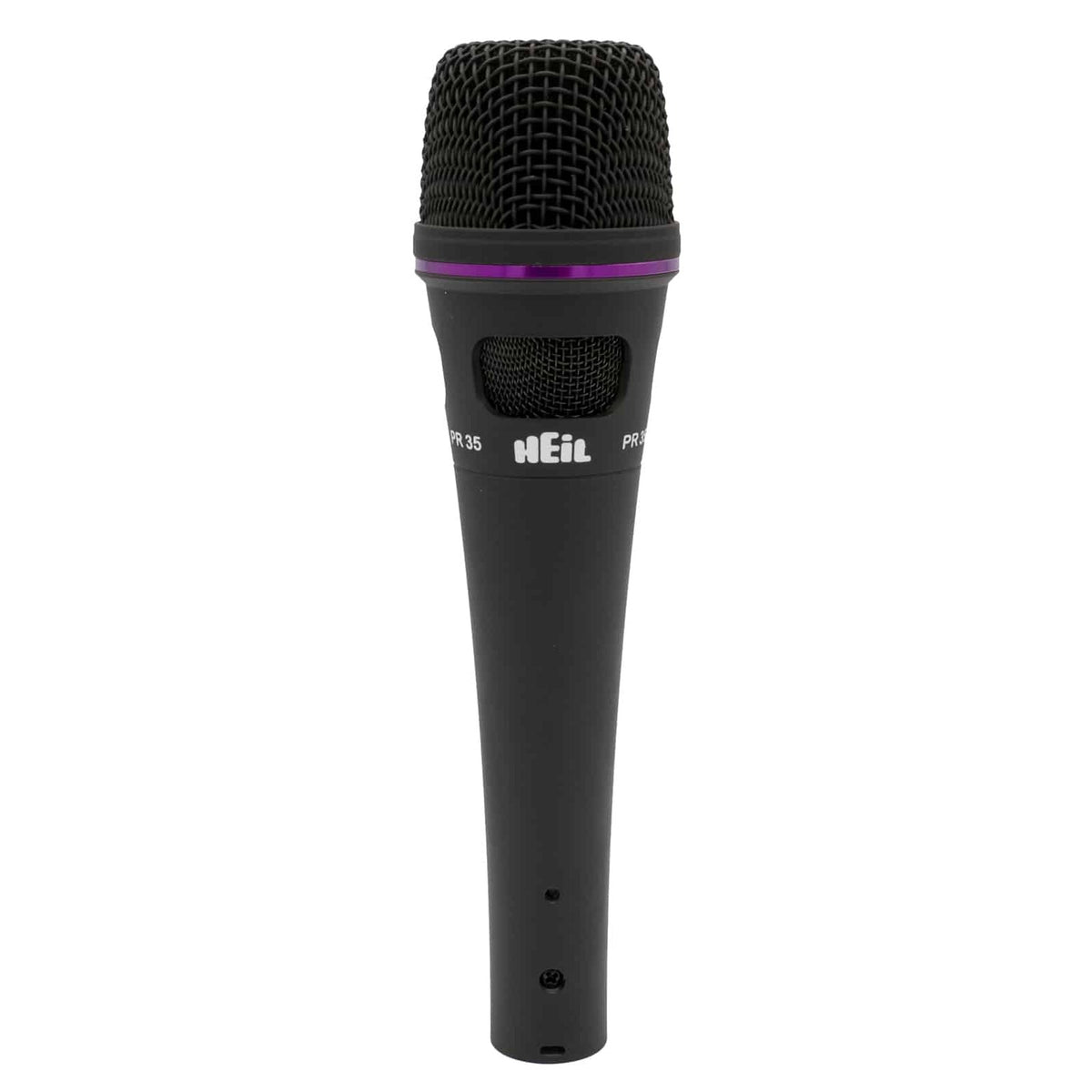 Heil Sound PR 35 black handheld microphone with purple trim ring, front view