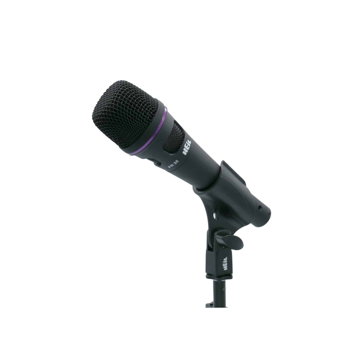 Heil Sound PR 35 in its mic clip on a stand, angled view