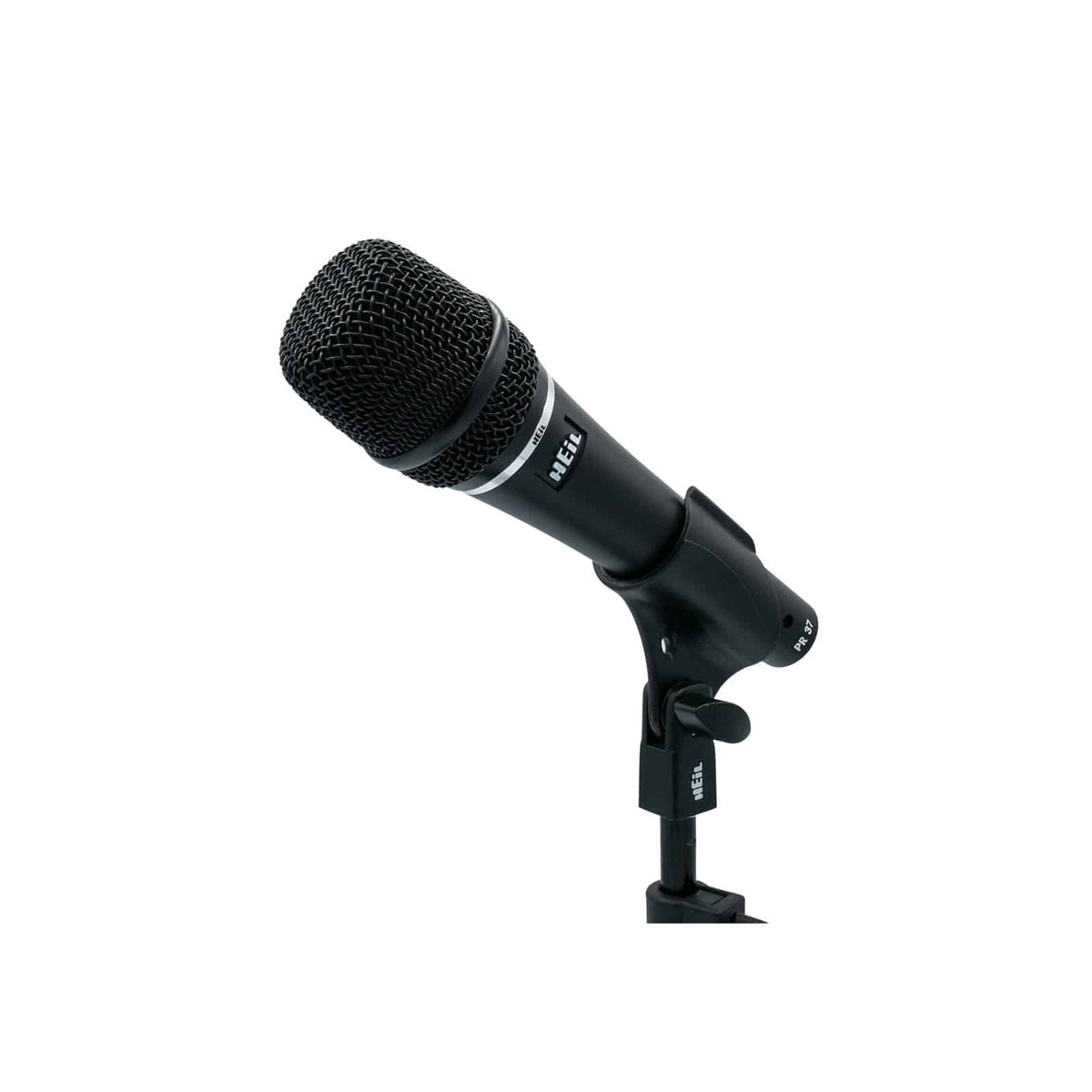 Heil Sound PR 37 in its SM-5 mic clip on a stand, angled view