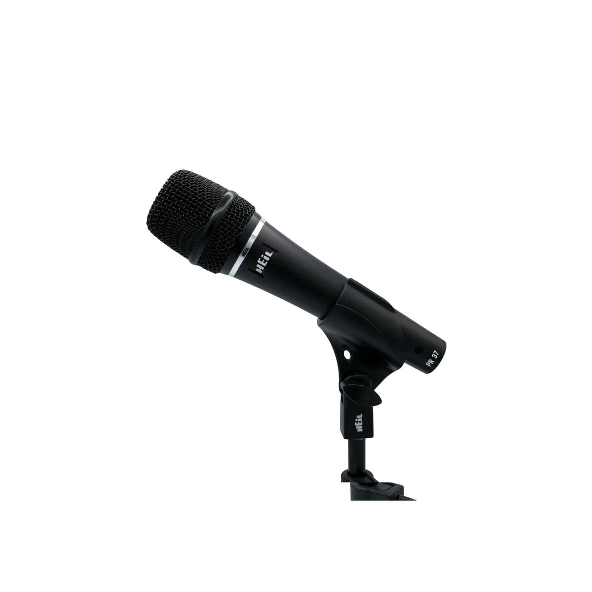 Heil Sound PR 37 in its mic clip, side view