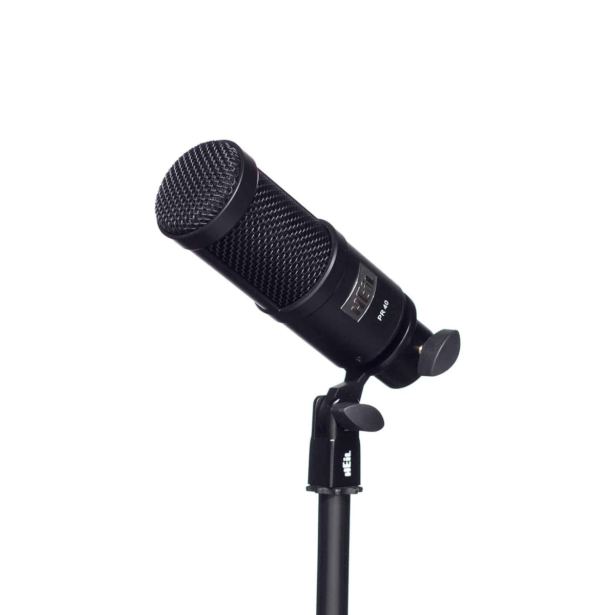Black Heil Sound PR 40 mounted in its mic clip on a stand, angled view