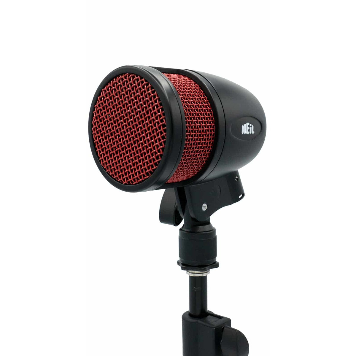 Heil Sound PR 48 on a stand, angled view of the red grille and black body