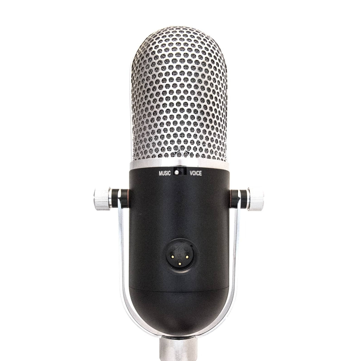Back of the black Heil Sound PR 77D showing the Music/Voice switch and XLR connector