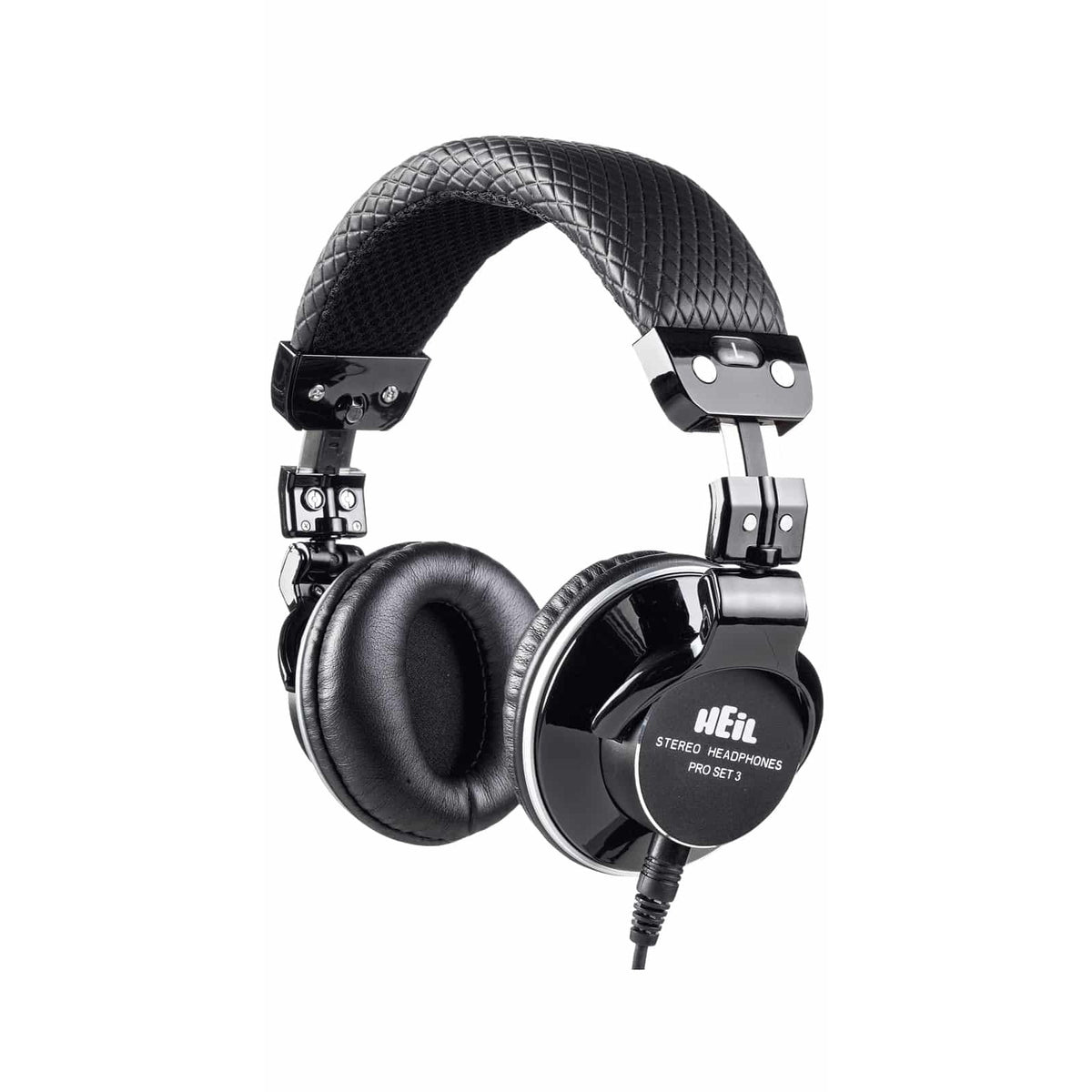 Heil Sound Pro Set 3 black closed-back headphones, three-quarter view of headband and ear cups