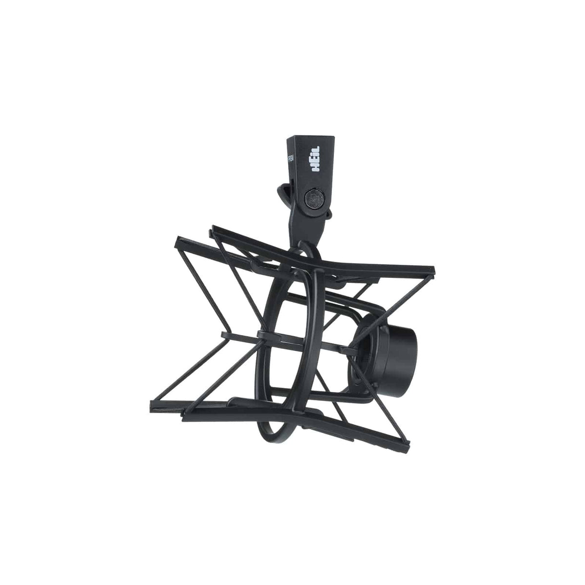 Heil Sound PRSM black shock mount, front view showing the cradle and elastic suspension